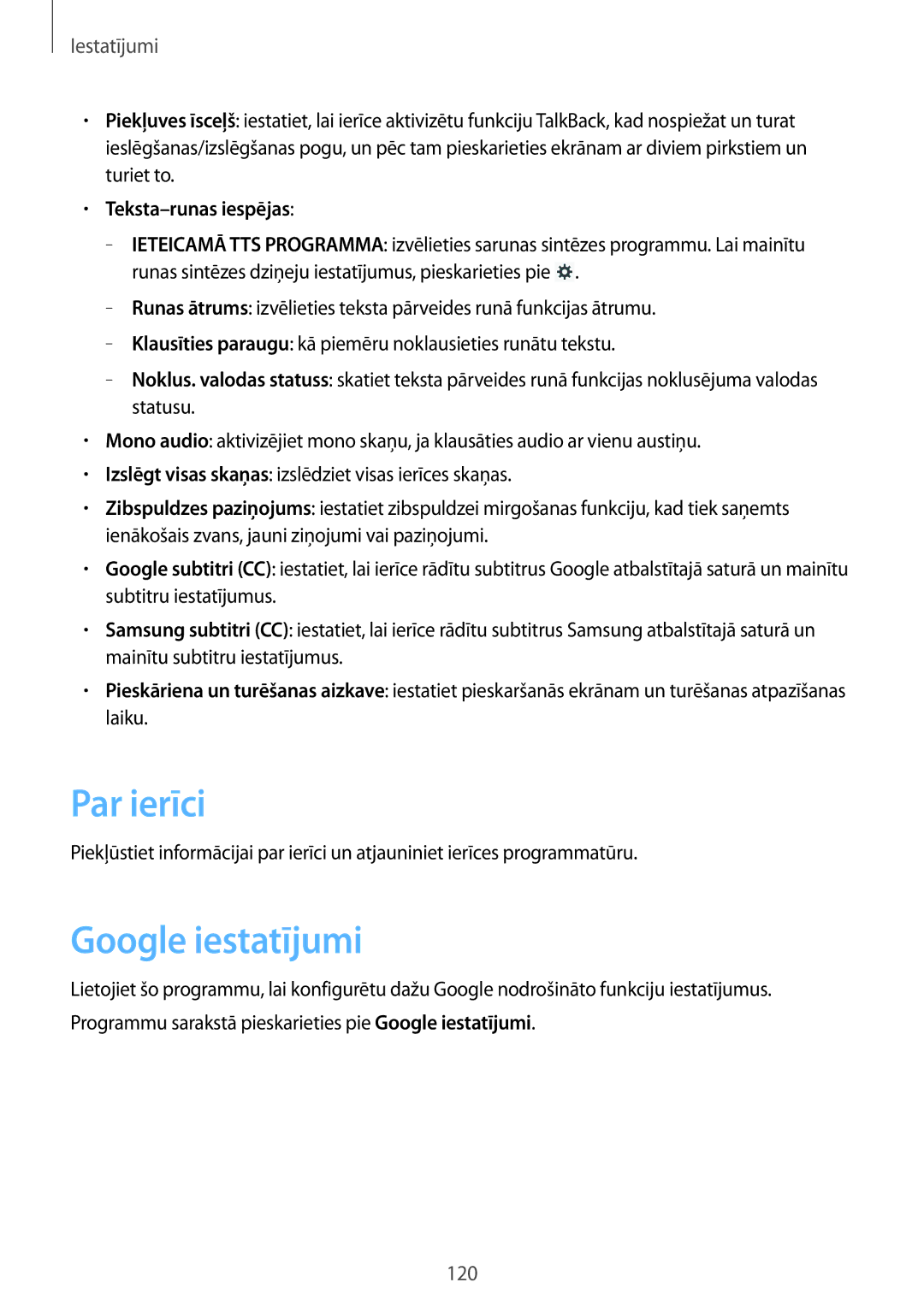Samsung GT-N8020ZWASEB, GT-N8020EAASEB manual Par ierīci, Google iestatījumi, Teksta-runas iespējas 