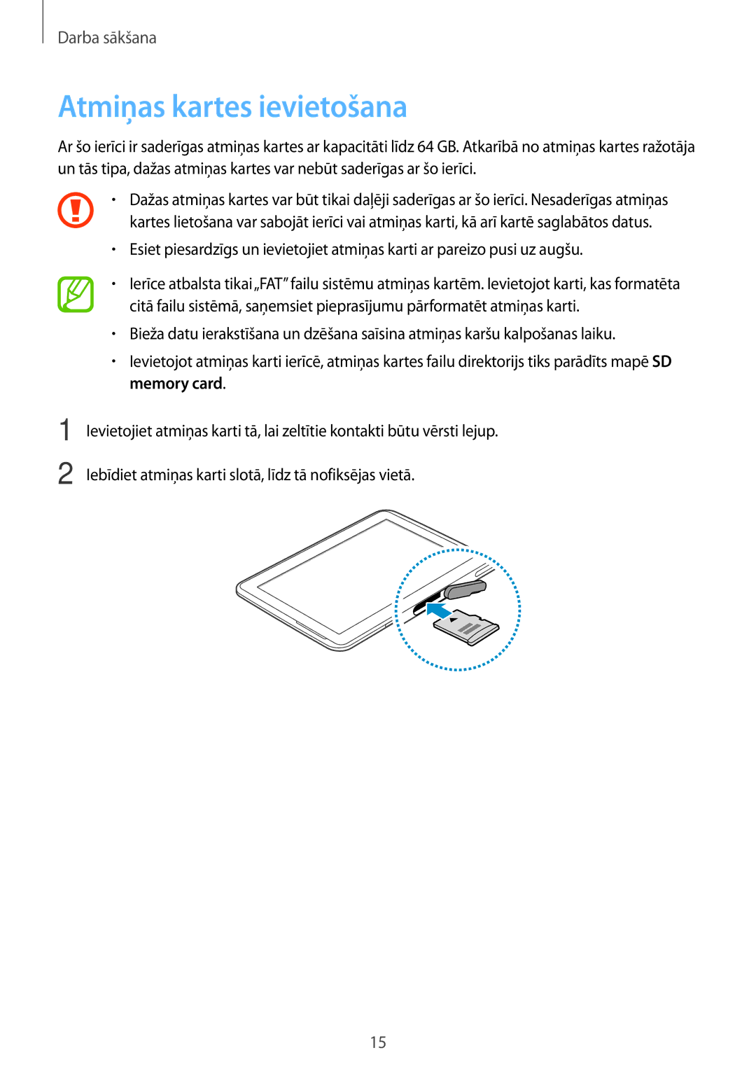 Samsung GT-N8020EAASEB, GT-N8020ZWASEB manual Atmiņas kartes ievietošana 