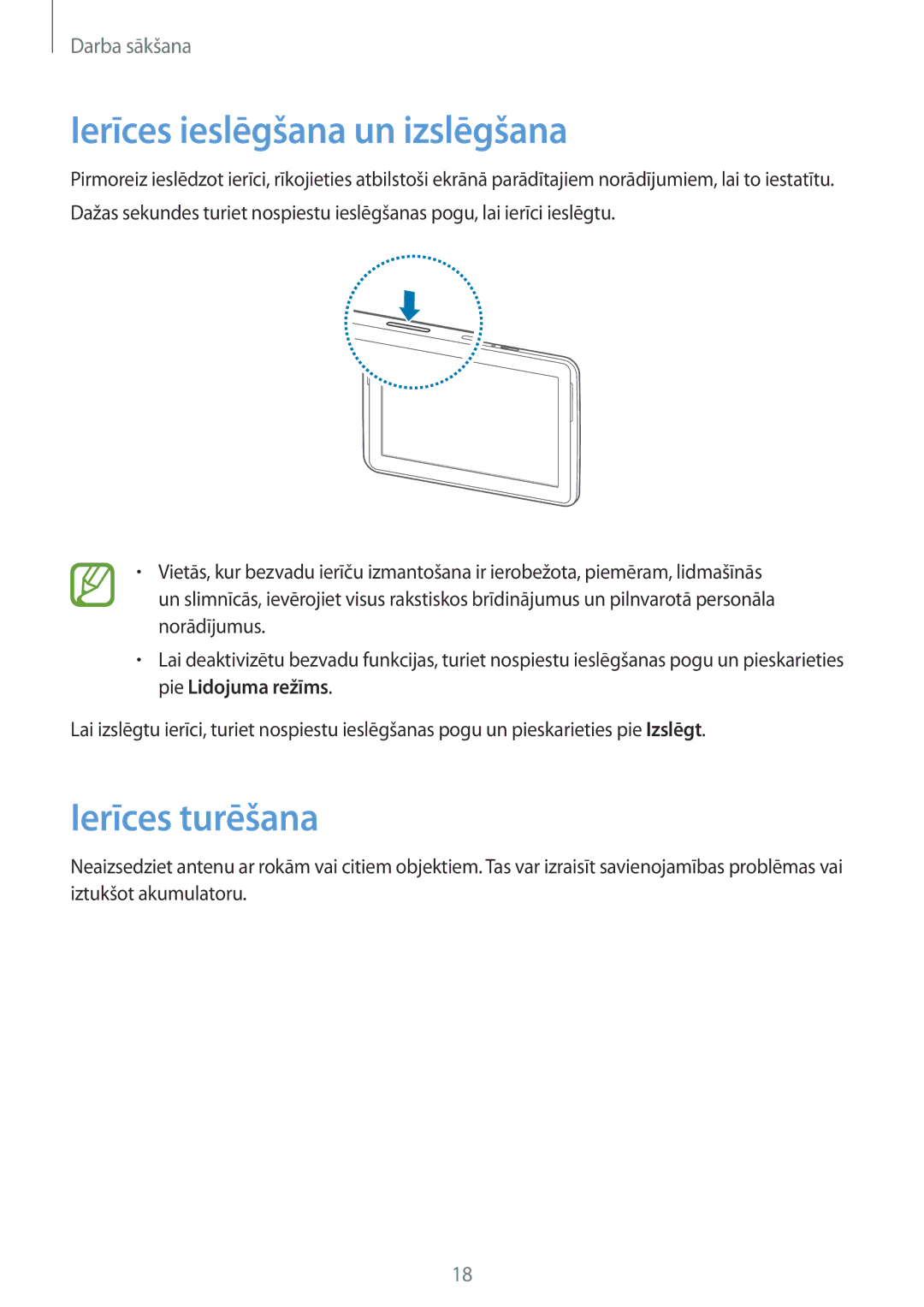 Samsung GT-N8020ZWASEB, GT-N8020EAASEB manual Ierīces ieslēgšana un izslēgšana, Ierīces turēšana 