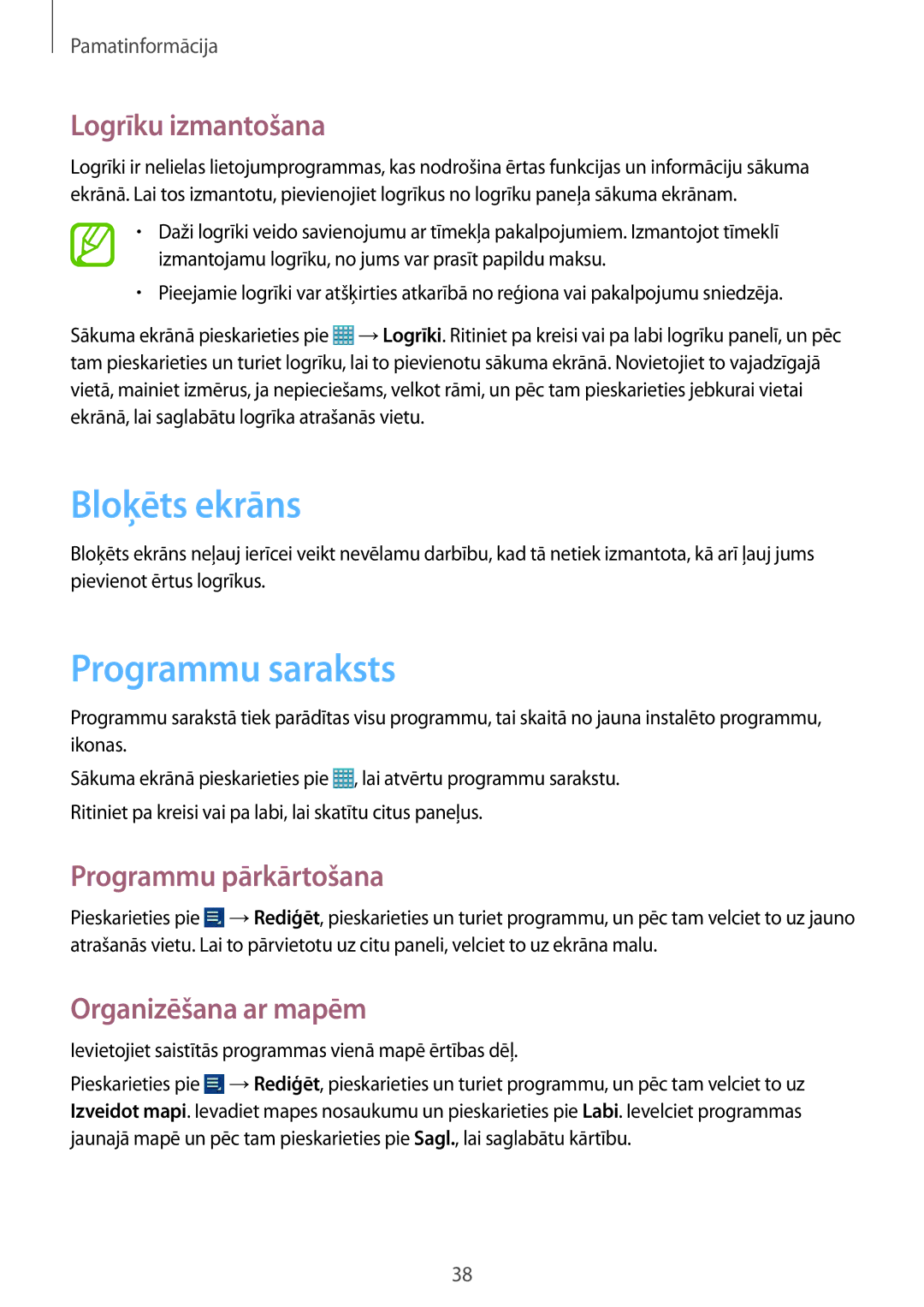 Samsung GT-N8020ZWASEB, GT-N8020EAASEB Bloķēts ekrāns, Programmu saraksts, Logrīku izmantošana, Programmu pārkārtošana 