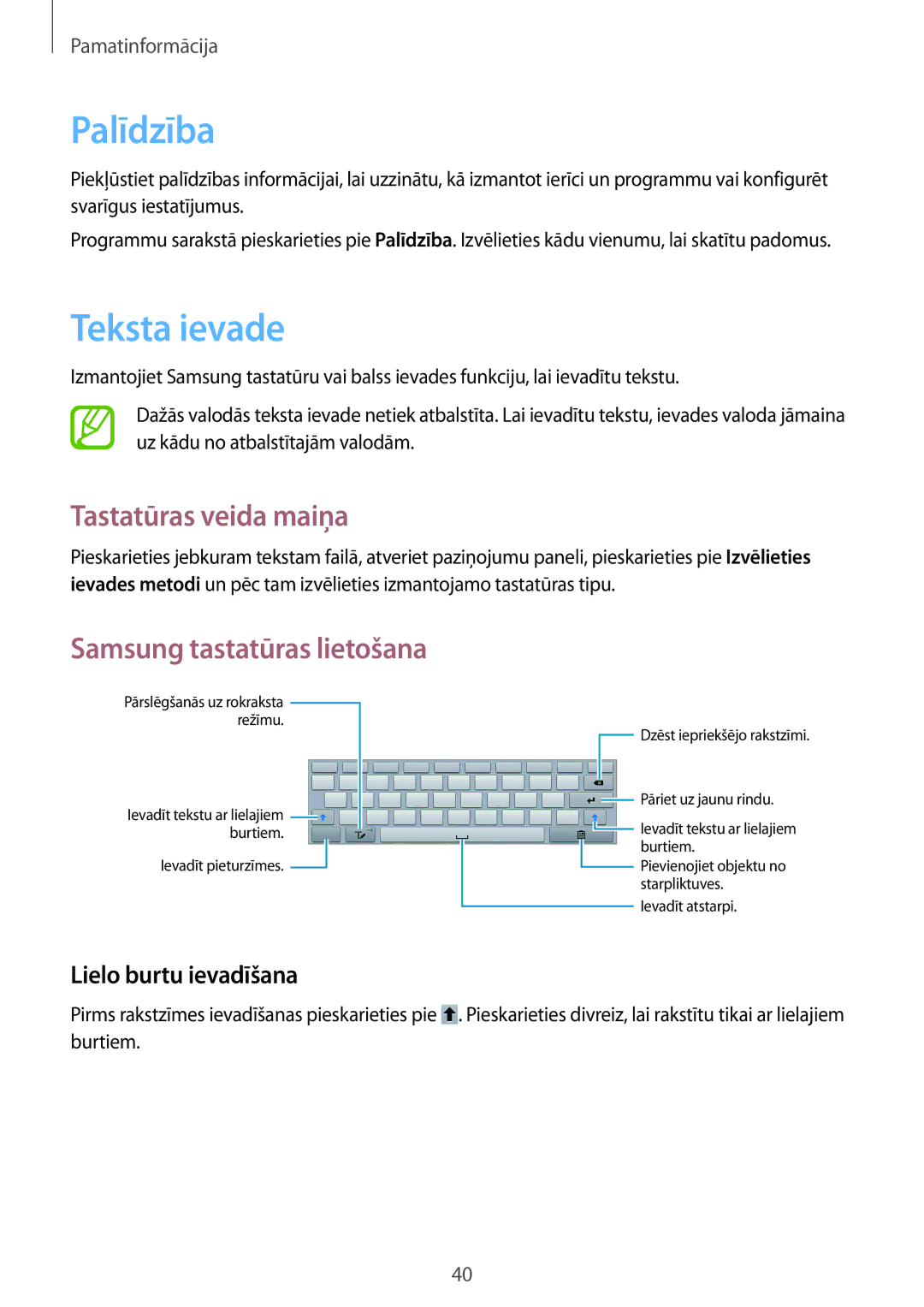 Samsung GT-N8020ZWASEB, GT-N8020EAASEB manual Palīdzība, Teksta ievade, Tastatūras veida maiņa, Lielo burtu ievadīšana 