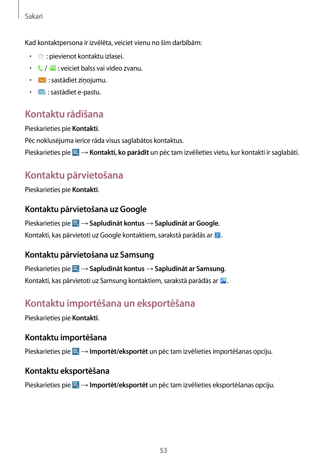 Samsung GT-N8020EAASEB, GT-N8020ZWASEB manual Kontaktu rādīšana, Kontaktu pārvietošana, Kontaktu importēšana un eksportēšana 