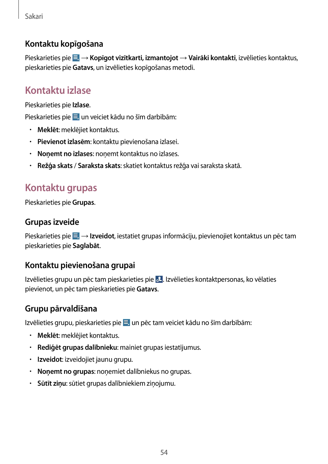 Samsung GT-N8020ZWASEB, GT-N8020EAASEB manual Kontaktu izlase, Kontaktu grupas 