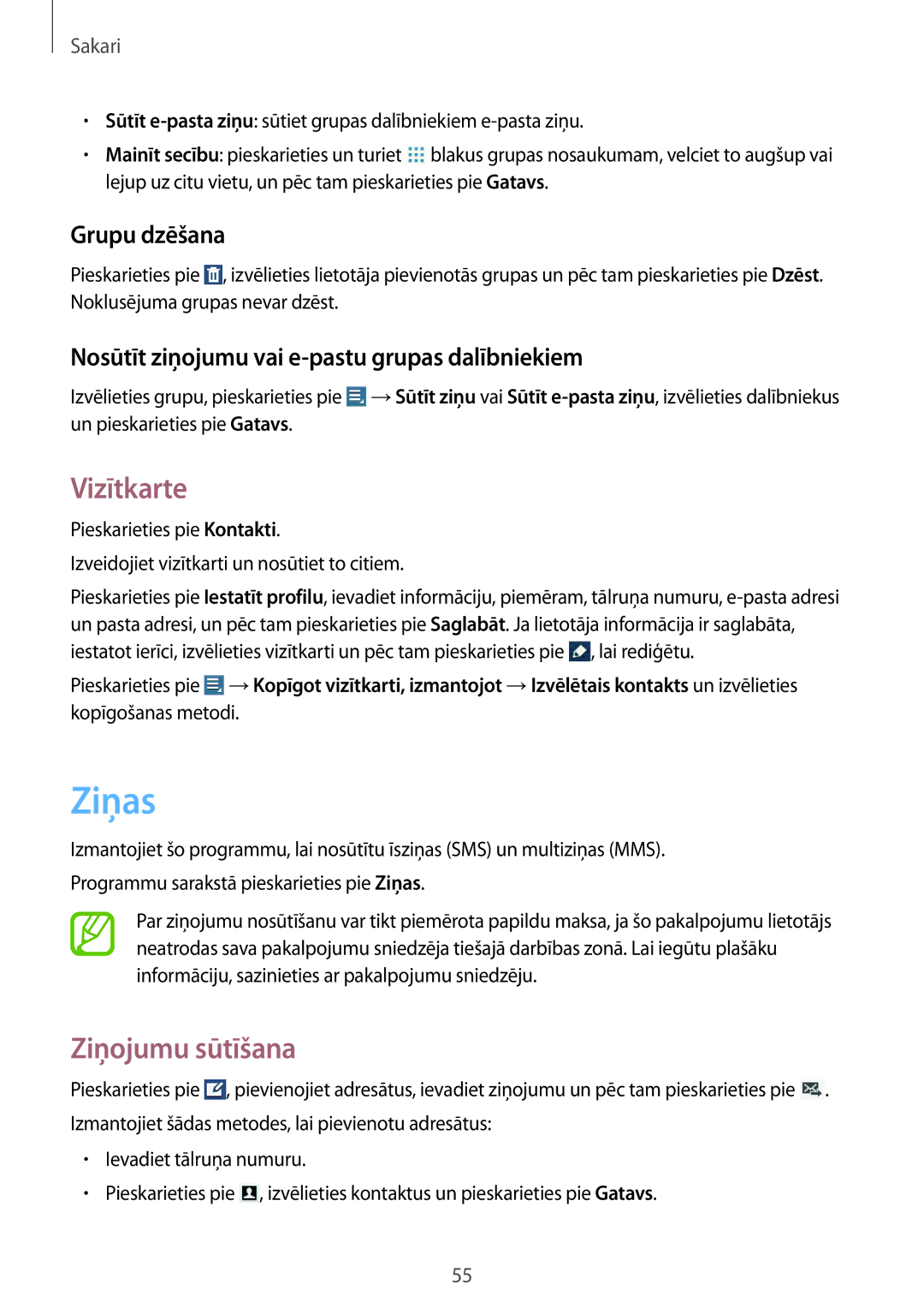 Samsung GT-N8020EAASEB, GT-N8020ZWASEB manual Ziņas, Vizītkarte, Ziņojumu sūtīšana, Grupu dzēšana 
