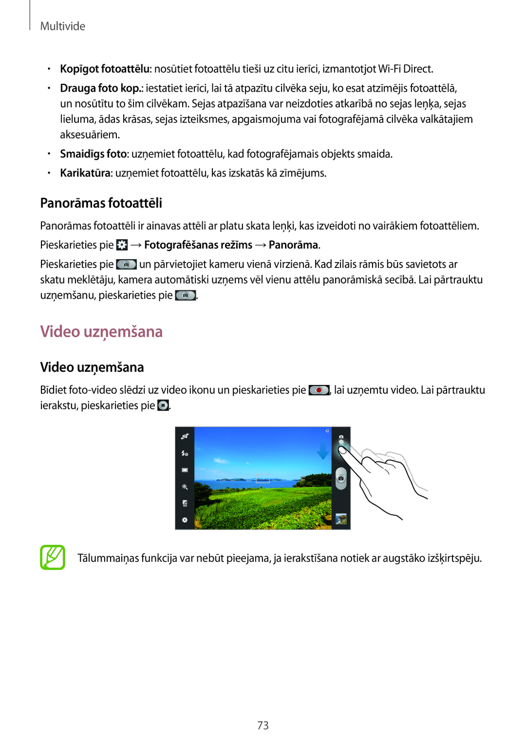 Samsung GT-N8020EAASEB manual Video uzņemšana, Panorāmas fotoattēli, Pieskarieties pie → Fotografēšanas režīms → Panorāma 