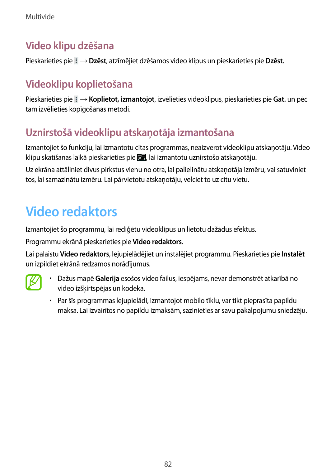 Samsung GT-N8020ZWASEB, GT-N8020EAASEB manual Video redaktors, Video klipu dzēšana, Videoklipu koplietošana 
