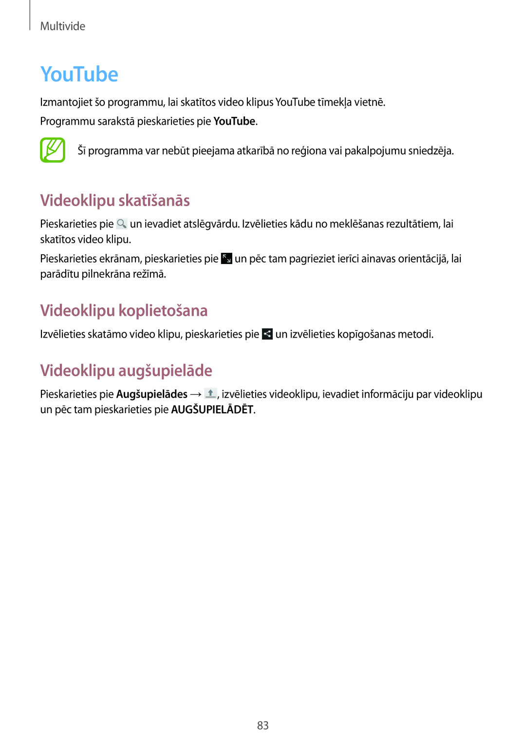 Samsung GT-N8020EAASEB, GT-N8020ZWASEB manual YouTube, Videoklipu skatīšanās, Videoklipu augšupielāde 