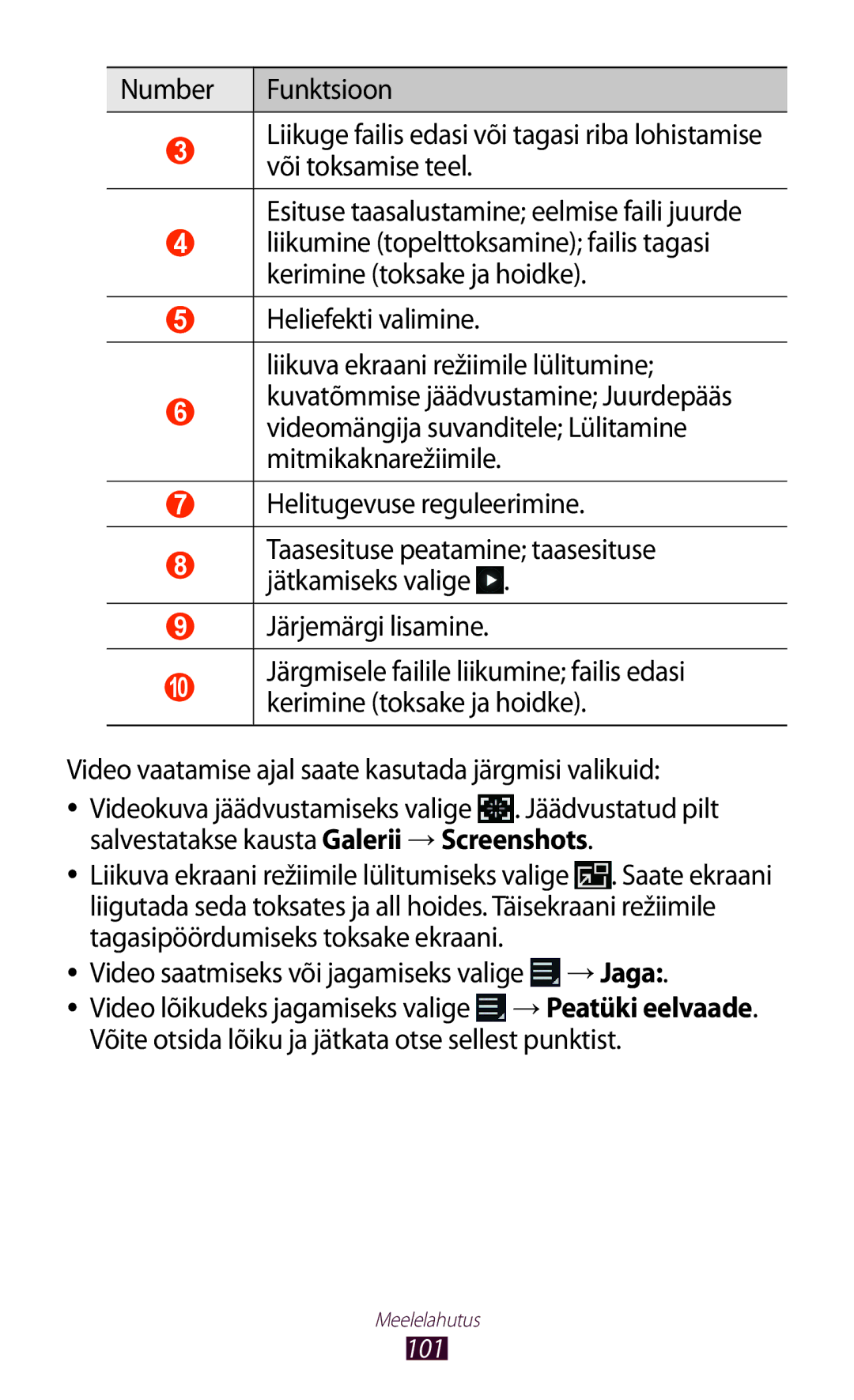 Samsung GT-N8020EAASEB manual Heliefekti valimine Liikuva ekraani režiimile lülitumine, Helitugevuse reguleerimine 