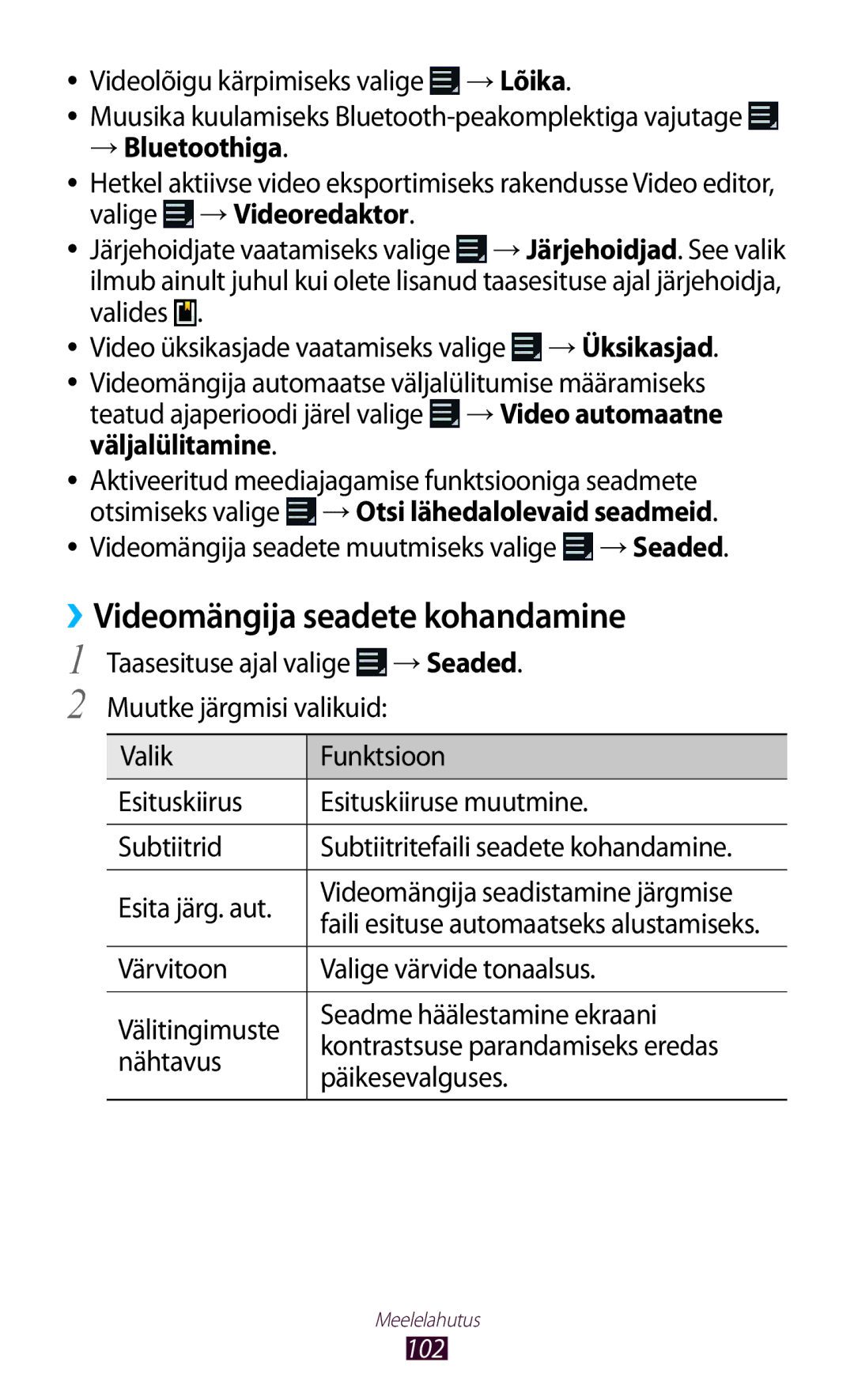 Samsung GT-N8020ZWASEB ››Videomängija seadete kohandamine, → Bluetoothiga, Videomängija seadete muutmiseks valige →Seaded 