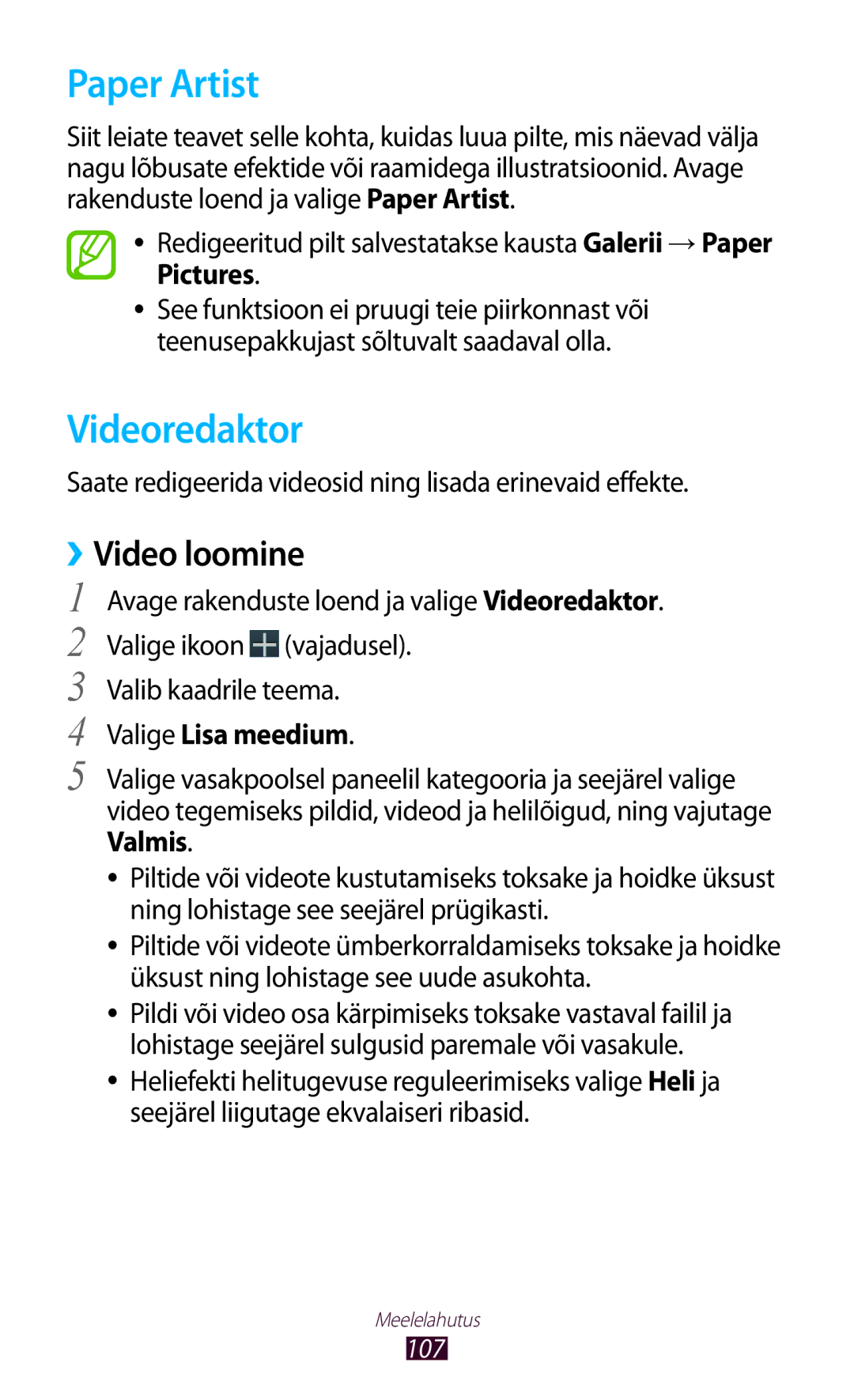 Samsung GT-N8020EAASEB, GT-N8020ZWASEB manual Paper Artist, Videoredaktor, ››Video loomine, Valige Lisa meedium 