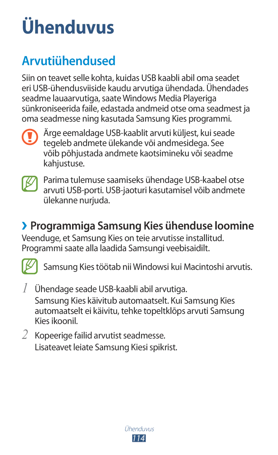 Samsung GT-N8020ZWASEB, GT-N8020EAASEB manual Arvutiühendused, ››Programmiga Samsung Kies ühenduse loomine 