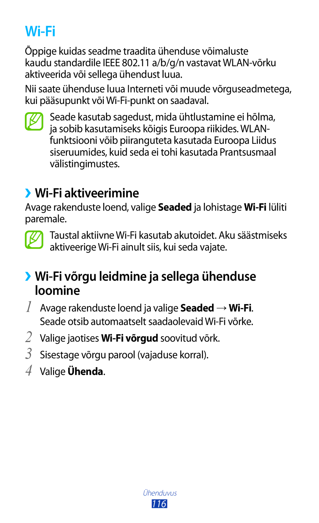 Samsung GT-N8020ZWASEB, GT-N8020EAASEB manual ››Wi-Fi aktiveerimine, ››Wi-Fi võrgu leidmine ja sellega ühenduse loomine 