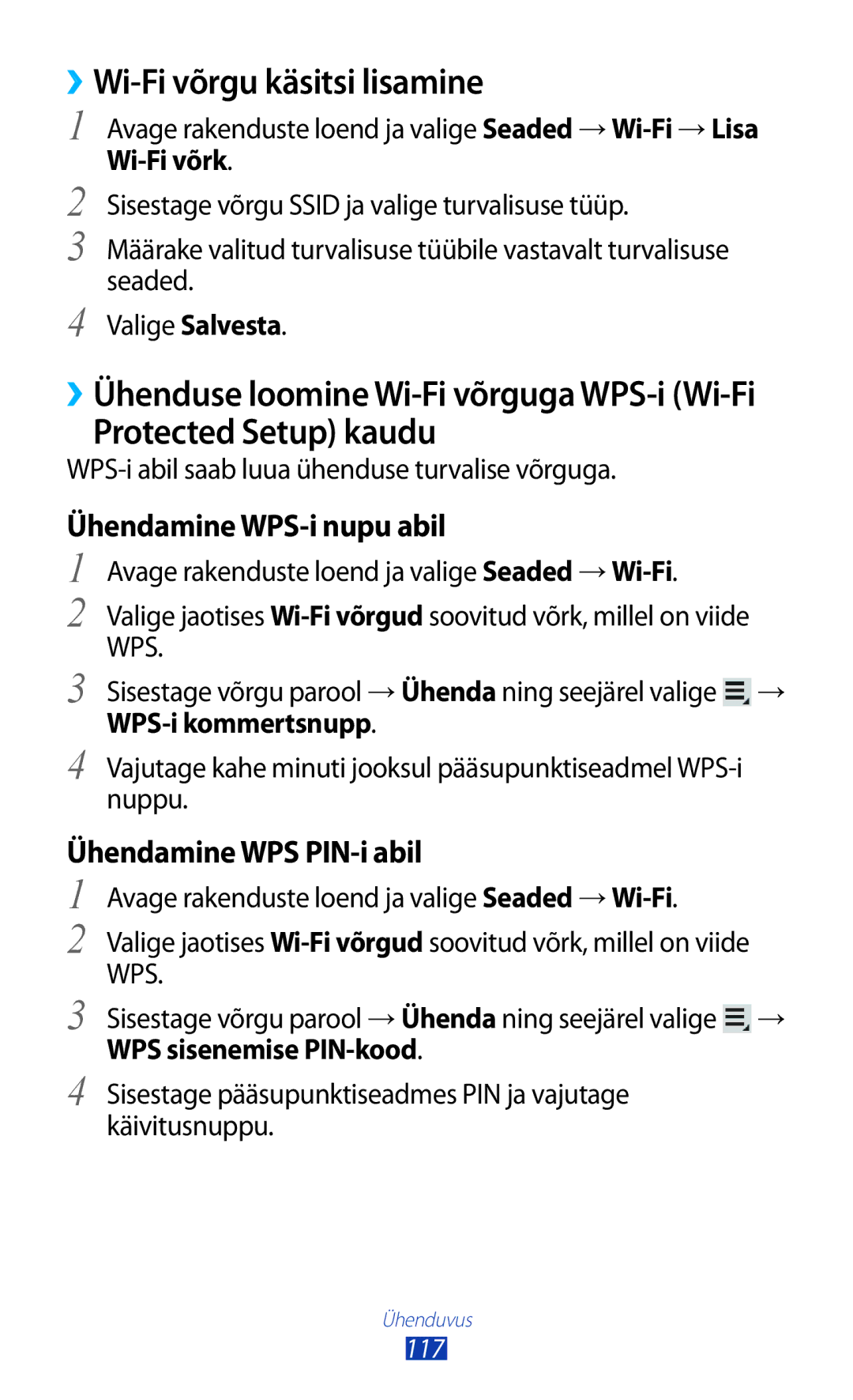 Samsung GT-N8020EAASEB manual ››Wi-Fi võrgu käsitsi lisamine, Protected Setup kaudu, Ühendamine WPS-i nupu abil, Wi-Fi võrk 