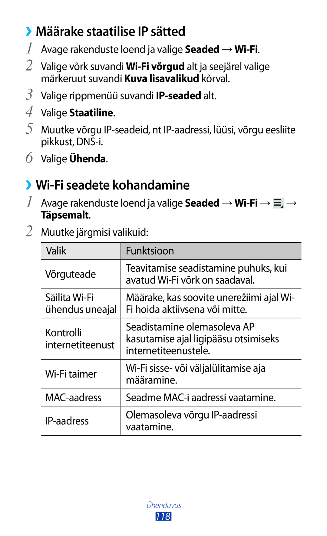 Samsung GT-N8020ZWASEB, GT-N8020EAASEB manual ››Määrake staatilise IP sätted, ››Wi-Fi seadete kohandamine, Valige Staatiline 