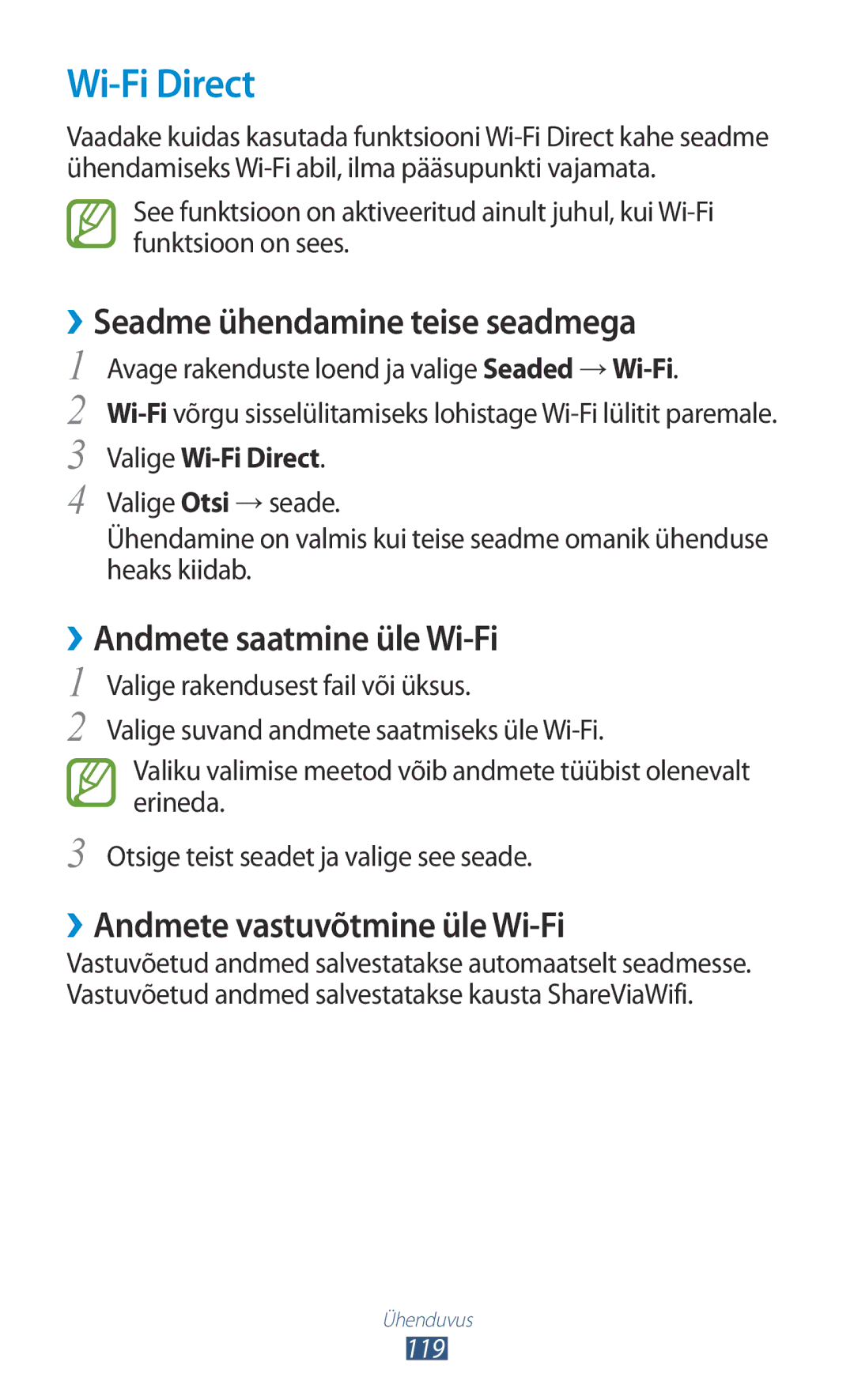 Samsung GT-N8020EAASEB, GT-N8020ZWASEB manual Wi-Fi Direct, ››Seadme ühendamine teise seadmega, ››Andmete saatmine üle Wi-Fi 