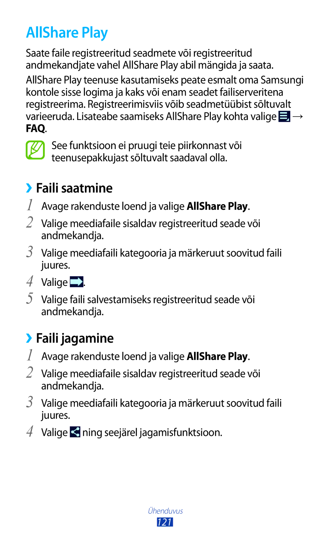 Samsung GT-N8020EAASEB, GT-N8020ZWASEB manual AllShare Play, ››Faili saatmine, ››Faili jagamine 