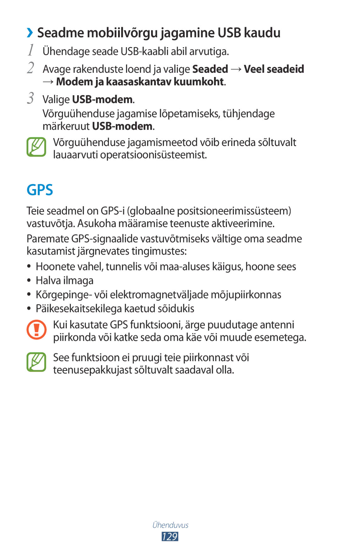 Samsung GT-N8020EAASEB manual ››Seadme mobiilvõrgu jagamine USB kaudu, → Modem ja kaasaskantav kuumkoht Valige USB-modem 