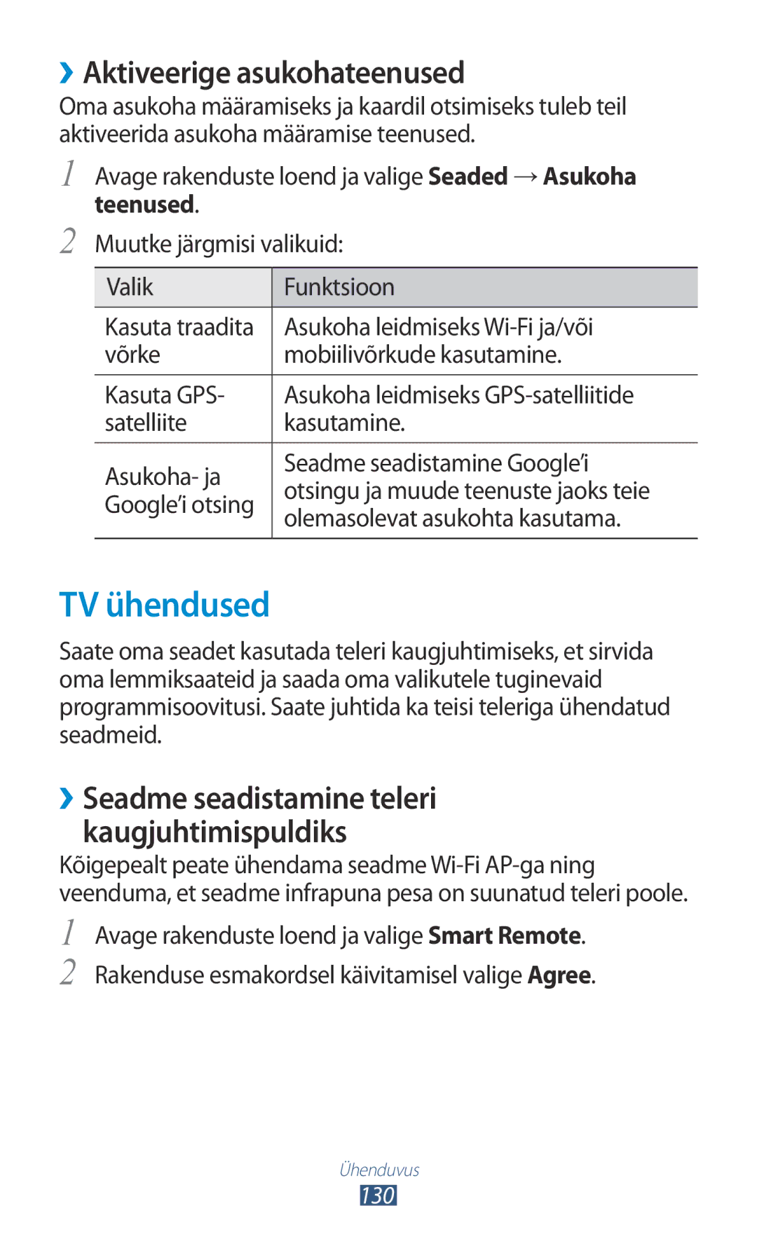 Samsung GT-N8020ZWASEB manual TV ühendused, ››Aktiveerige asukohateenused, ››Seadme seadistamine teleri kaugjuhtimispuldiks 