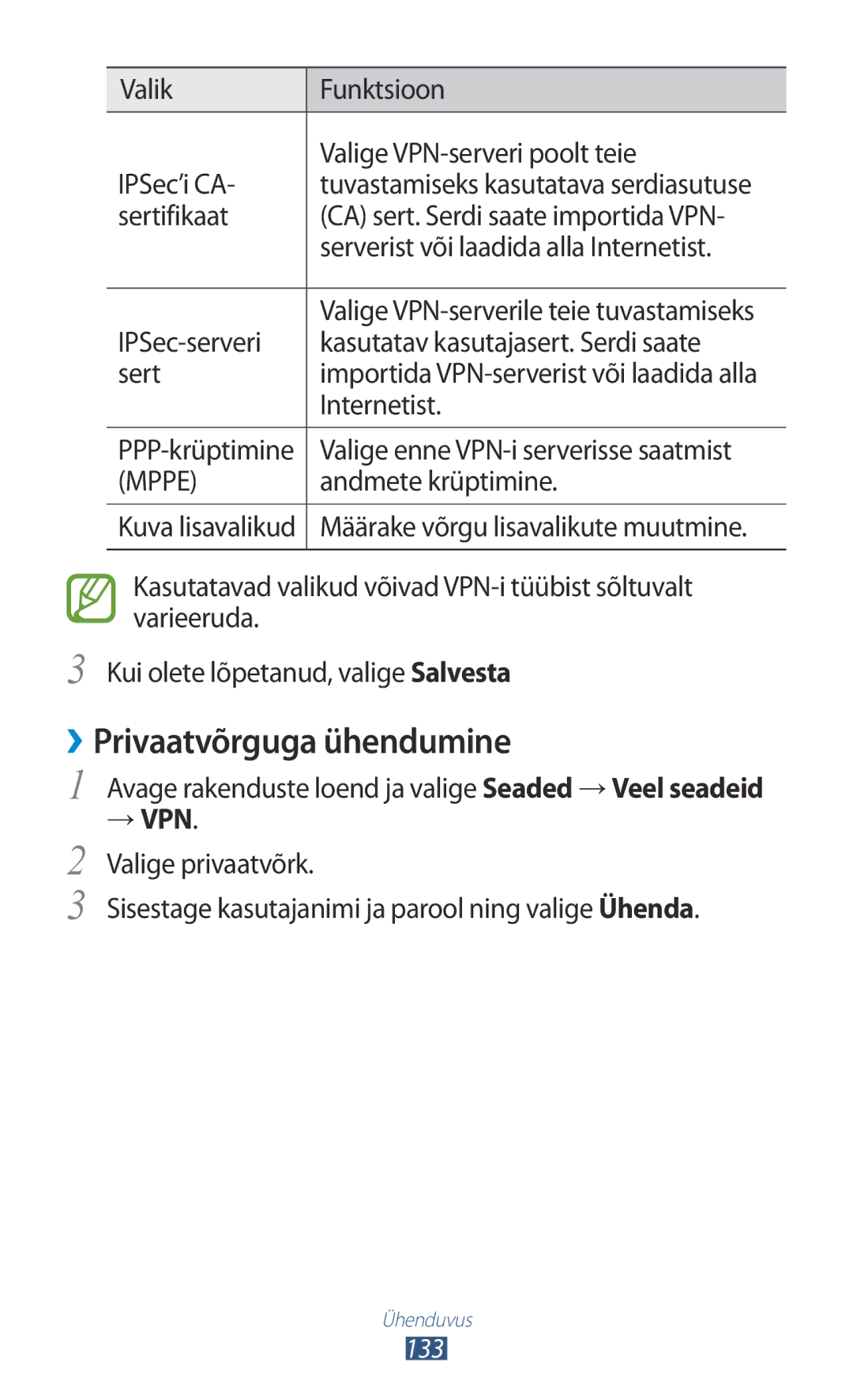 Samsung GT-N8020EAASEB, GT-N8020ZWASEB manual ››Privaatvõrguga ühendumine, → Vpn 