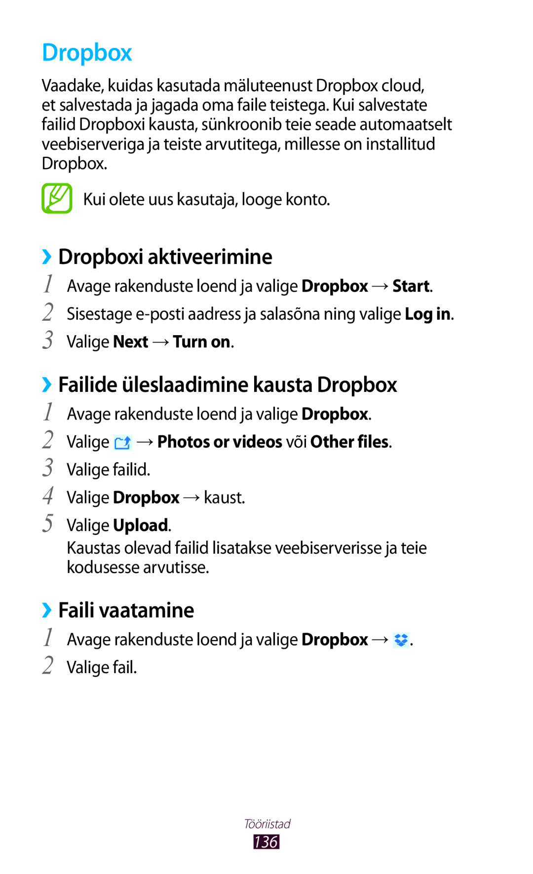 Samsung GT-N8020ZWASEB manual ››Dropboxi aktiveerimine, ››Failide üleslaadimine kausta Dropbox, ››Faili vaatamine 