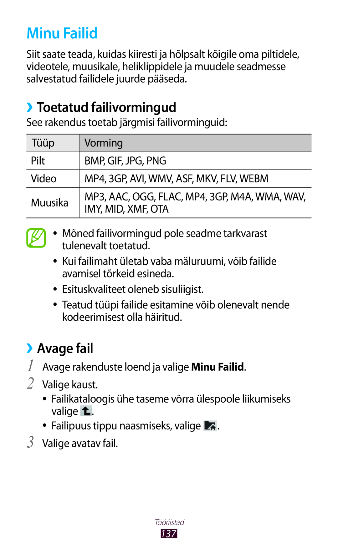 Samsung GT-N8020EAASEB, GT-N8020ZWASEB manual Minu Failid, ››Toetatud failivormingud, ››Avage fail, Video 