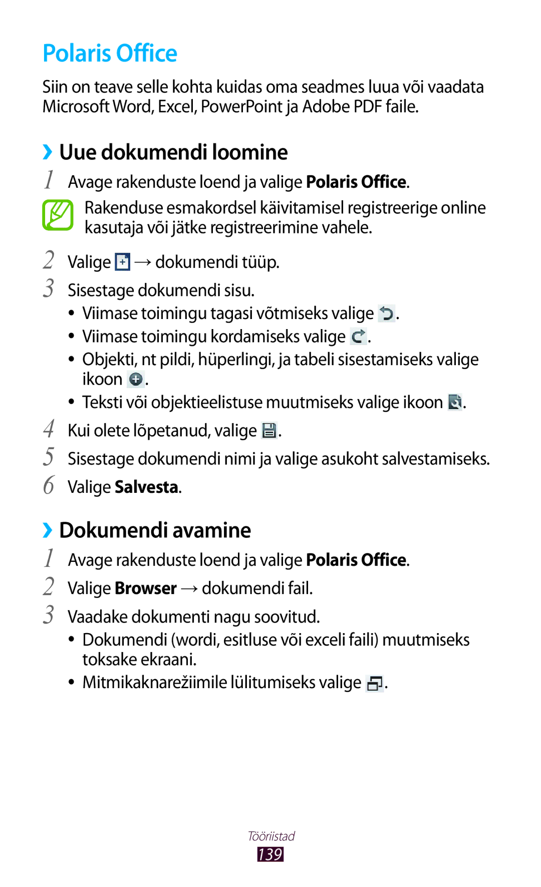 Samsung GT-N8020EAASEB, GT-N8020ZWASEB manual Polaris Office, ››Uue dokumendi loomine, ››Dokumendi avamine 