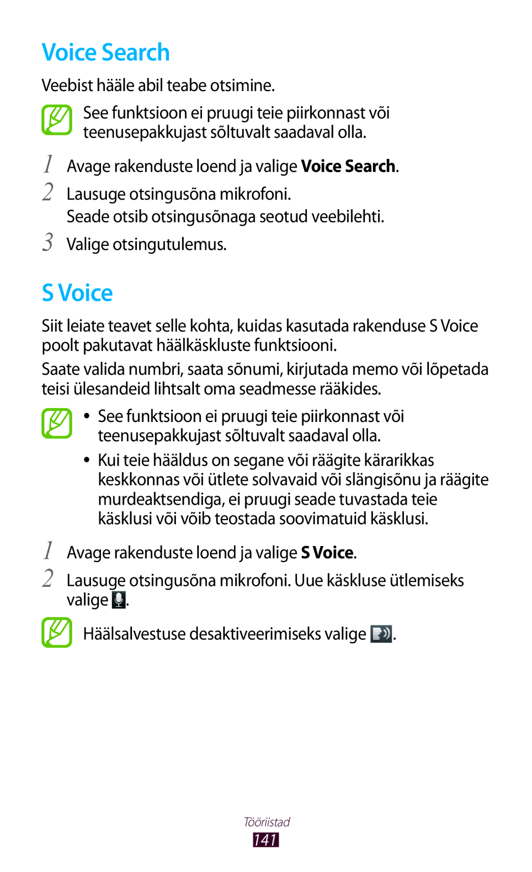 Samsung GT-N8020EAASEB, GT-N8020ZWASEB manual Voice Search, Veebist hääle abil teabe otsimine 