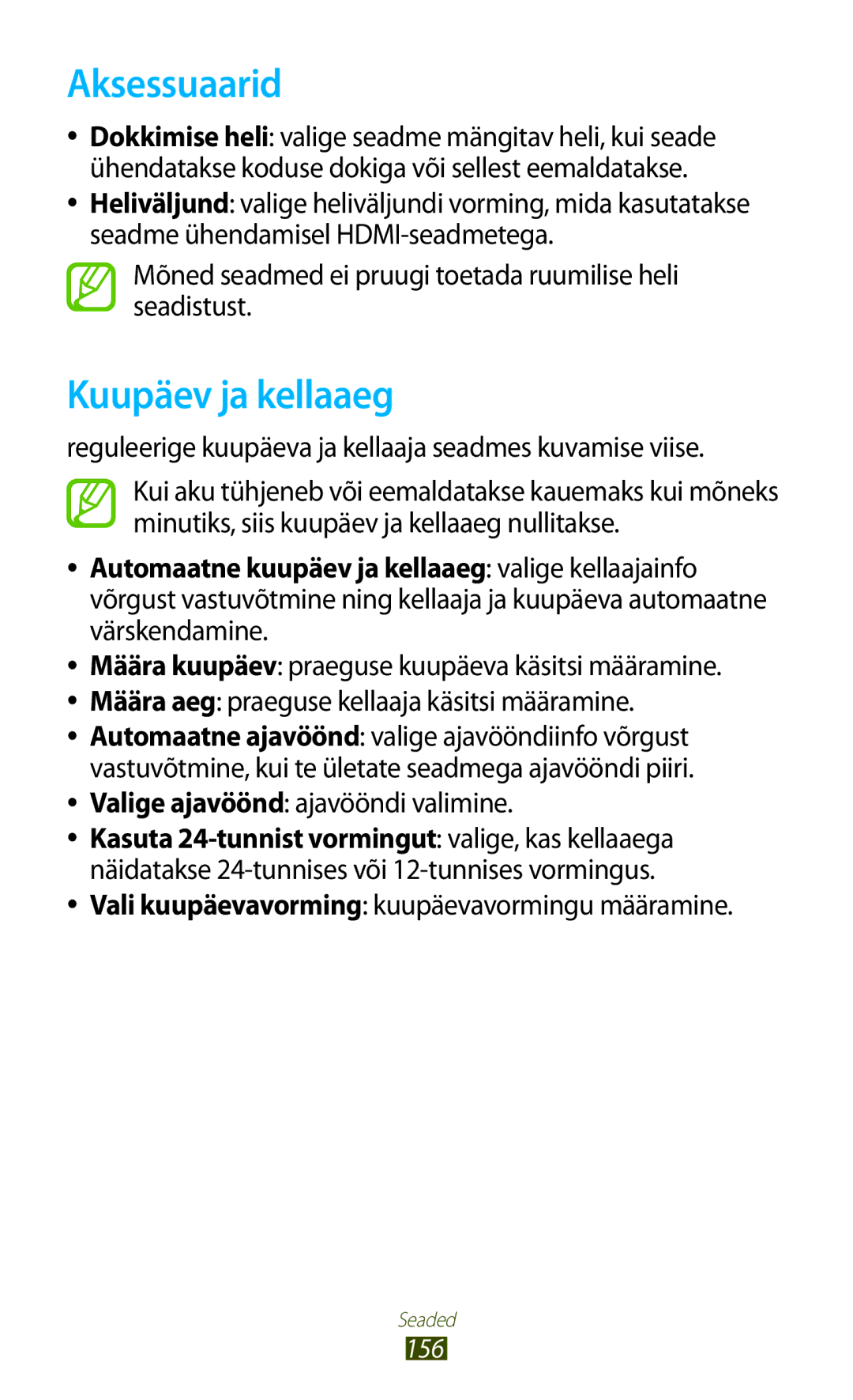 Samsung GT-N8020ZWASEB, GT-N8020EAASEB manual Aksessuaarid, Kuupäev ja kellaaeg 