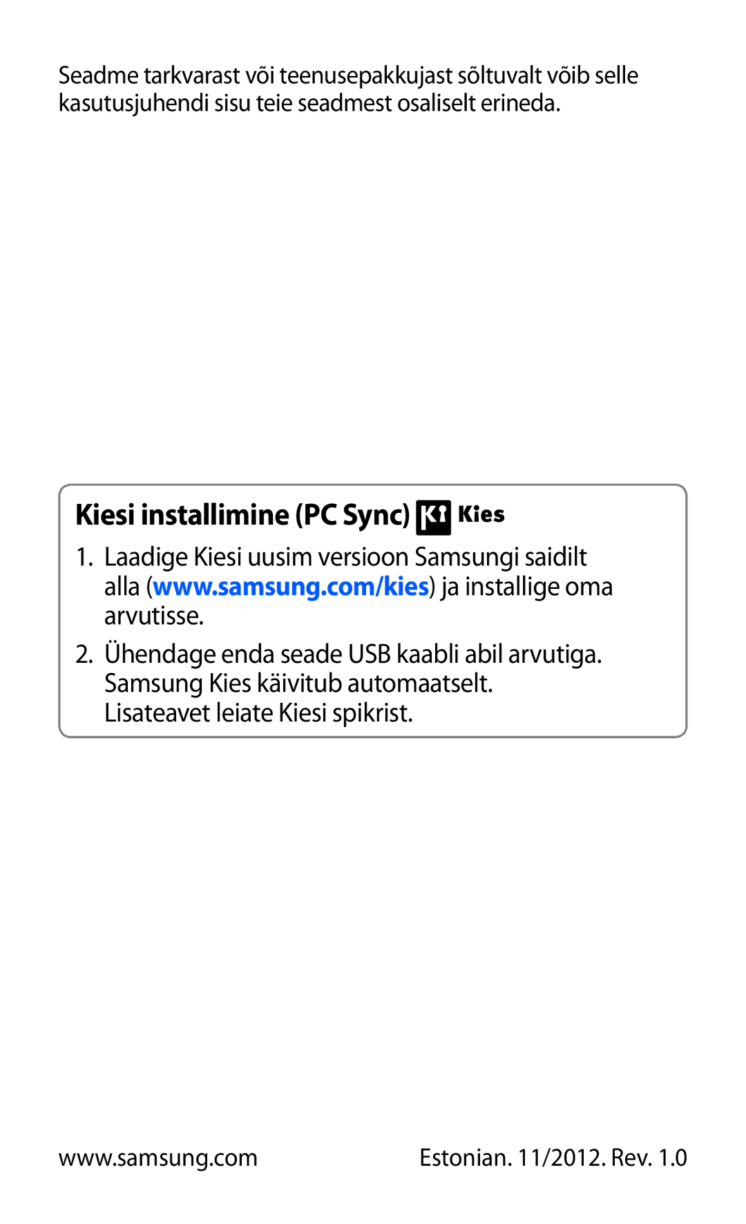 Samsung GT-N8020ZWASEB, GT-N8020EAASEB manual Kiesi installimine PC Sync 