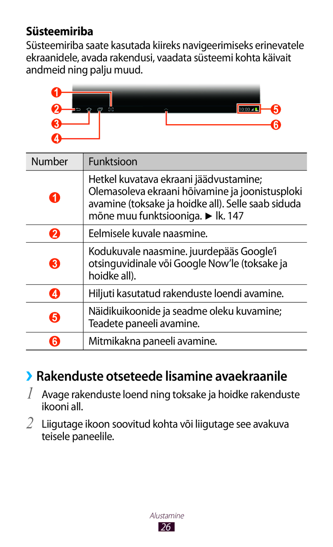 Samsung GT-N8020ZWASEB, GT-N8020EAASEB manual ››Rakenduste otseteede lisamine avaekraanile, Süsteemiriba 