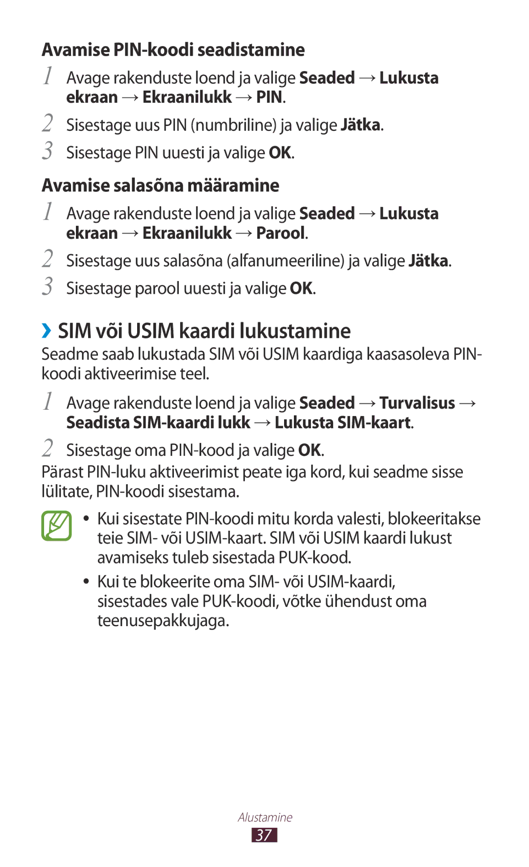 Samsung GT-N8020EAASEB manual ››SIM või Usim kaardi lukustamine, Avamise PIN-koodi seadistamine, Avamise salasõna määramine 