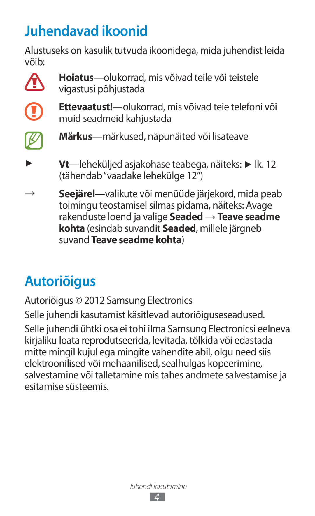 Samsung GT-N8020ZWASEB, GT-N8020EAASEB manual Juhendavad ikoonid, Autoriõigus 