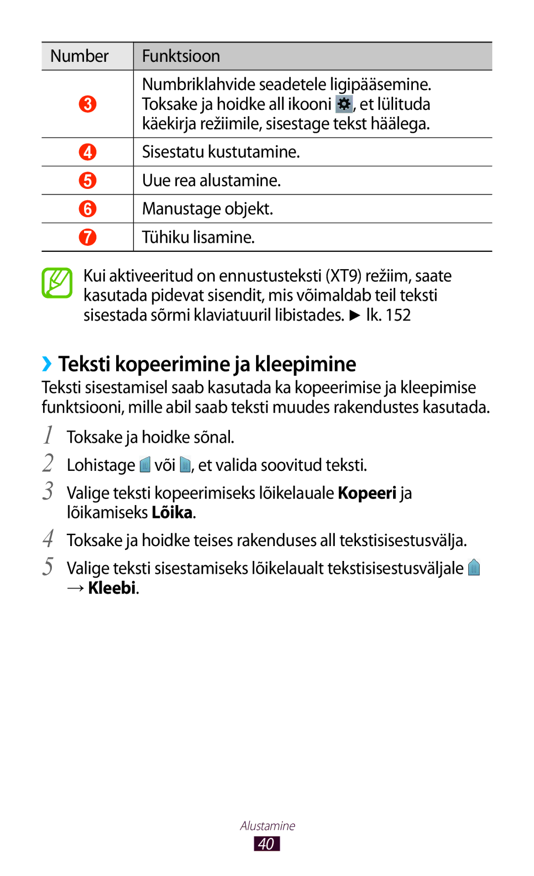 Samsung GT-N8020ZWASEB manual ››Teksti kopeerimine ja kleepimine, Number Funktsioon Numbriklahvide seadetele ligipääsemine 