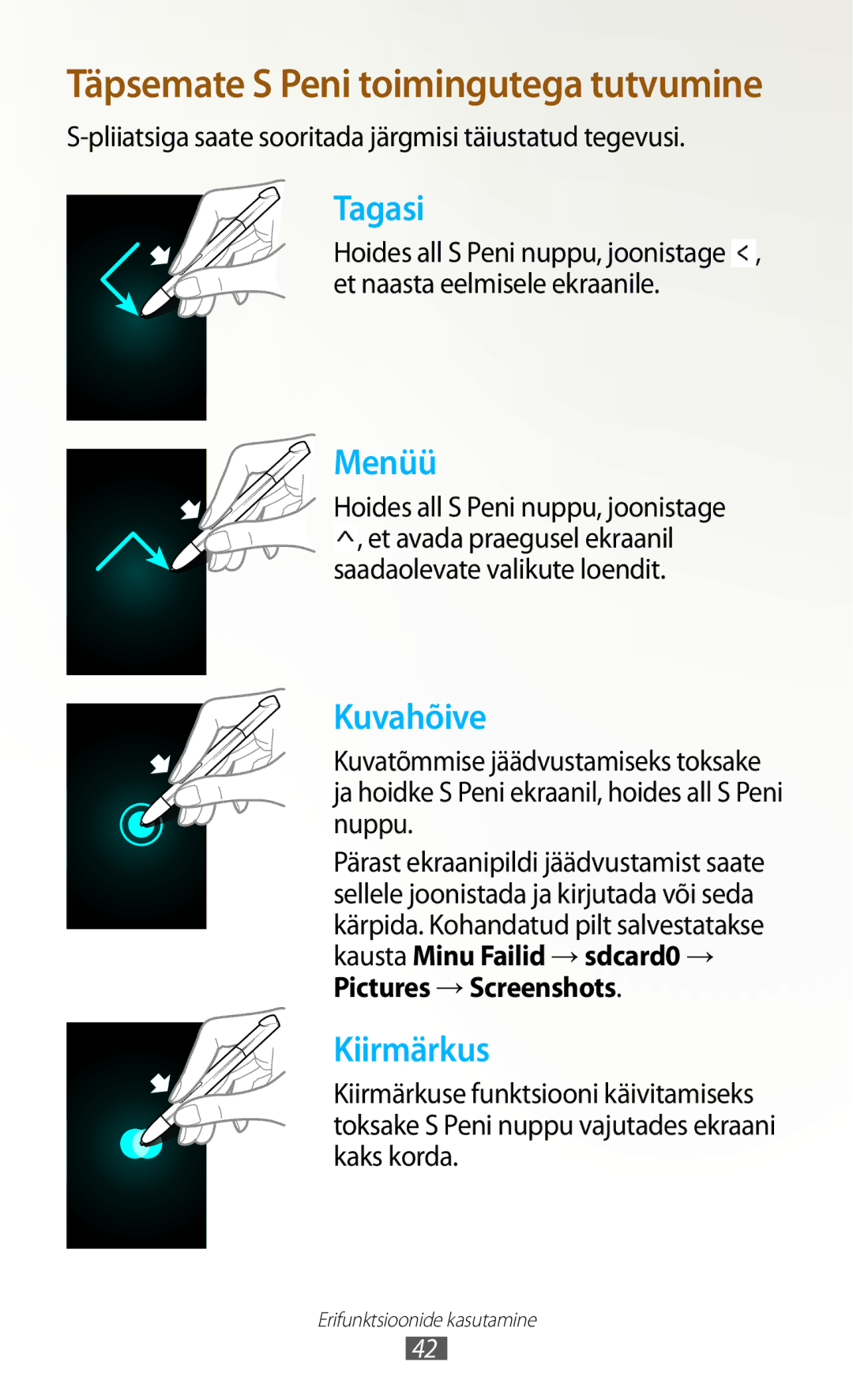 Samsung GT-N8020ZWASEB manual Pliiatsiga saate sooritada järgmisi täiustatud tegevusi, Saadaolevate valikute loendit 