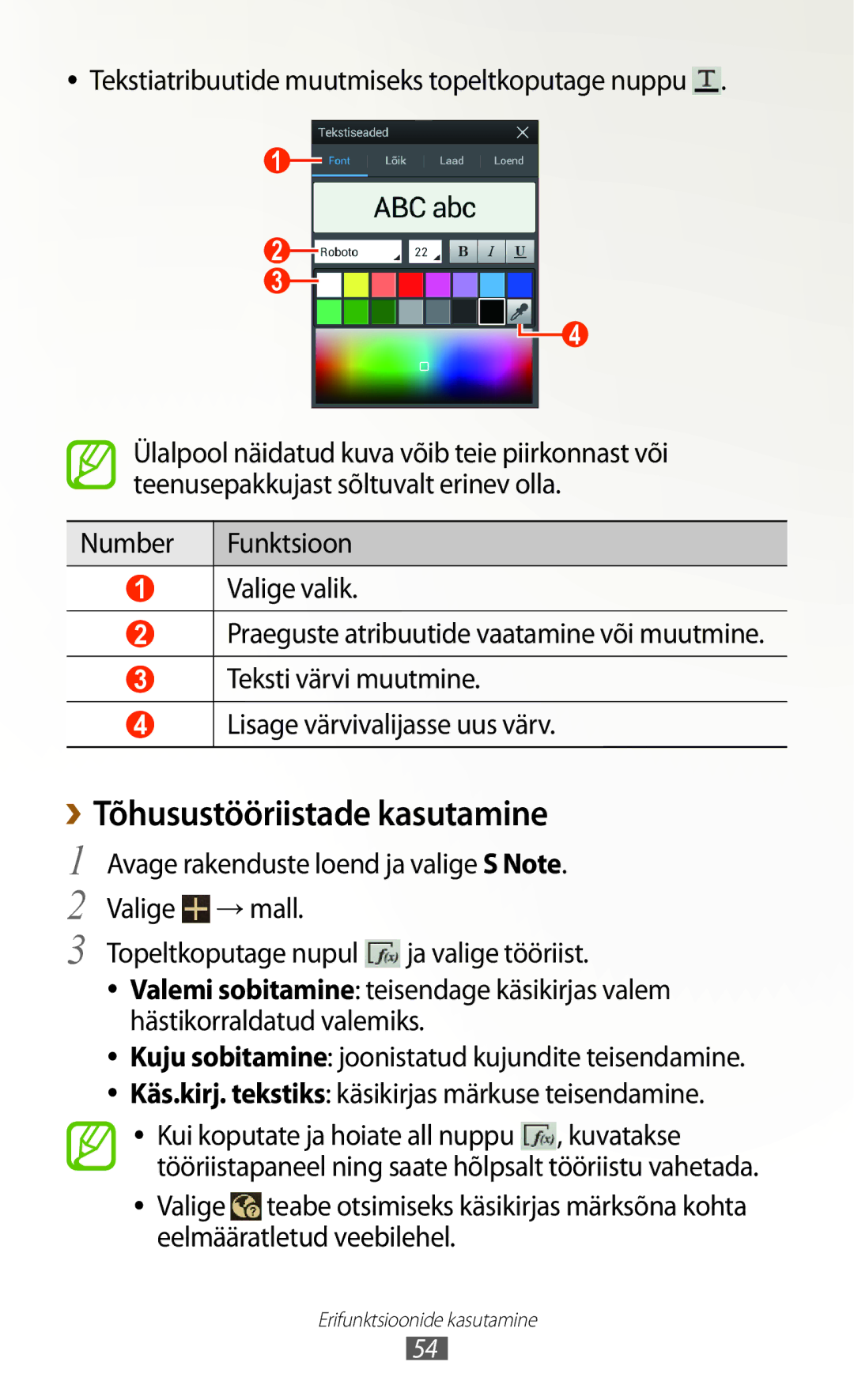 Samsung GT-N8020ZWASEB, GT-N8020EAASEB ››Tõhusustööriistade kasutamine, Tekstiatribuutide muutmiseks topeltkoputage nuppu 