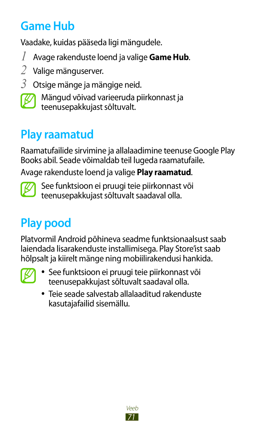 Samsung GT-N8020EAASEB, GT-N8020ZWASEB manual Game Hub, Play pood, Avage rakenduste loend ja valige Play raamatud 