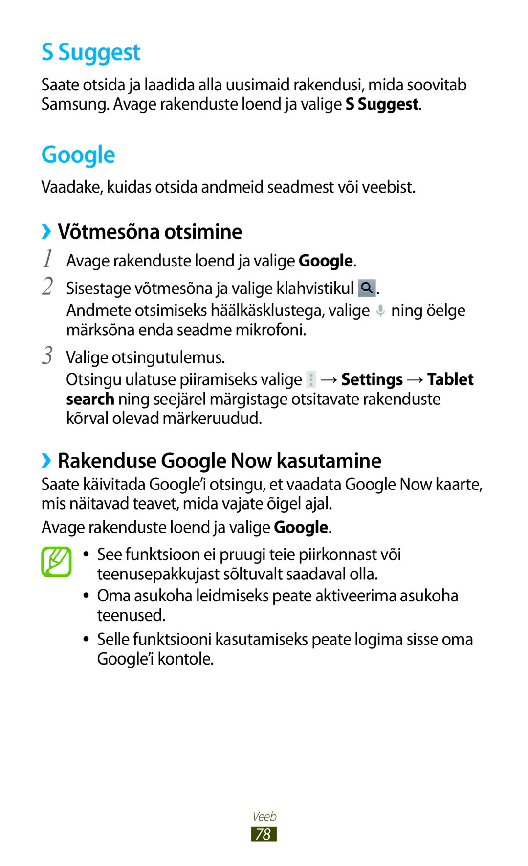 Samsung GT-N8020ZWASEB, GT-N8020EAASEB manual Suggest, ››Võtmesõna otsimine, ››Rakenduse Google Now kasutamine 