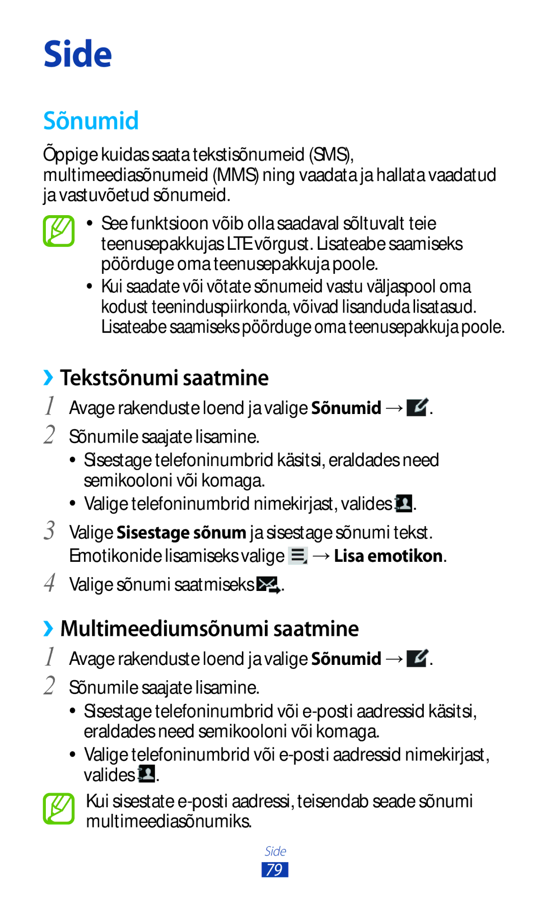 Samsung GT-N8020EAASEB manual Sõnumid, ››Tekstsõnumi saatmine, ››Multimeediumsõnumi saatmine, Emotikonide lisamiseks valige 