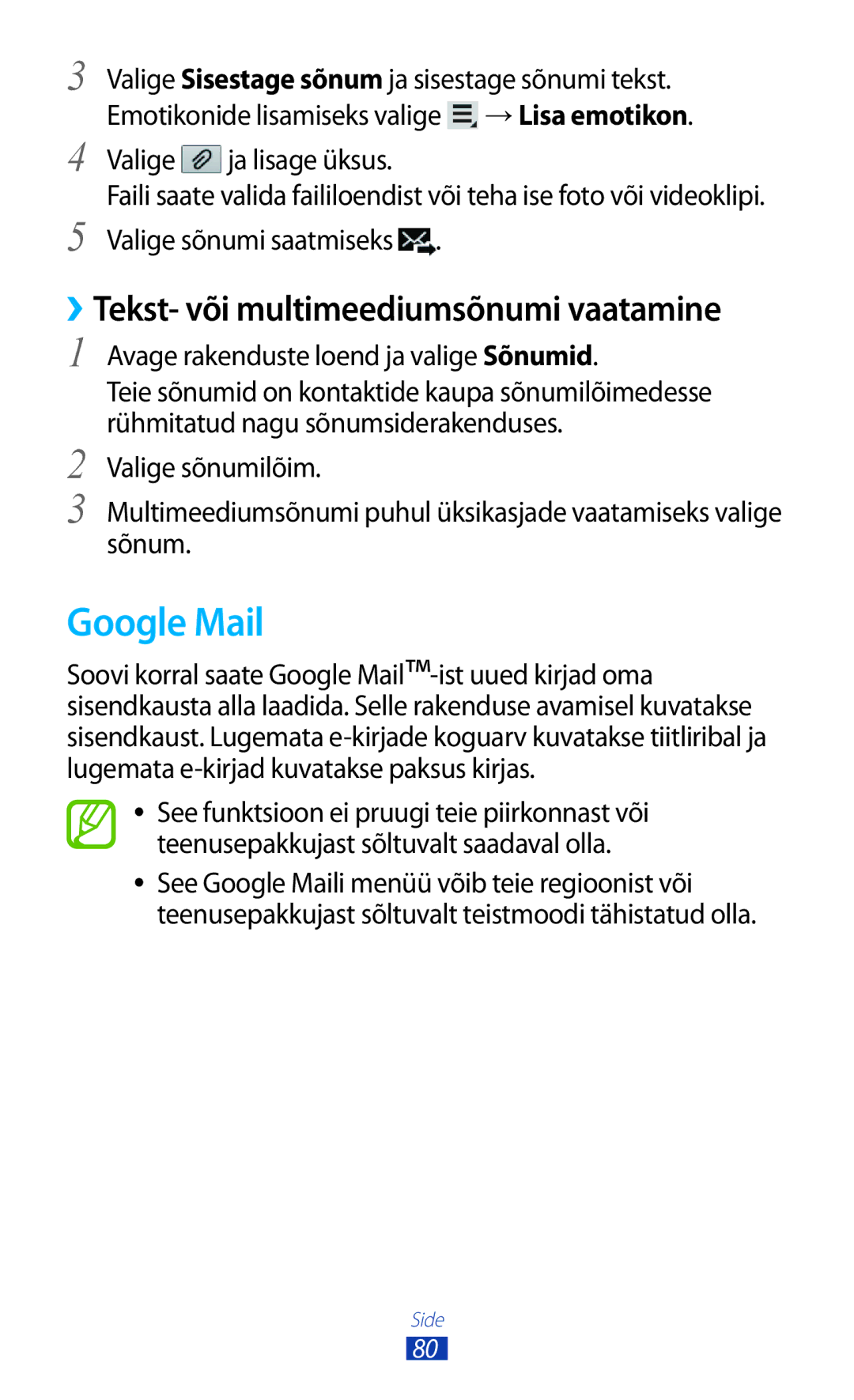 Samsung GT-N8020ZWASEB, GT-N8020EAASEB manual Google Mail, Avage rakenduste loend ja valige Sõnumid 