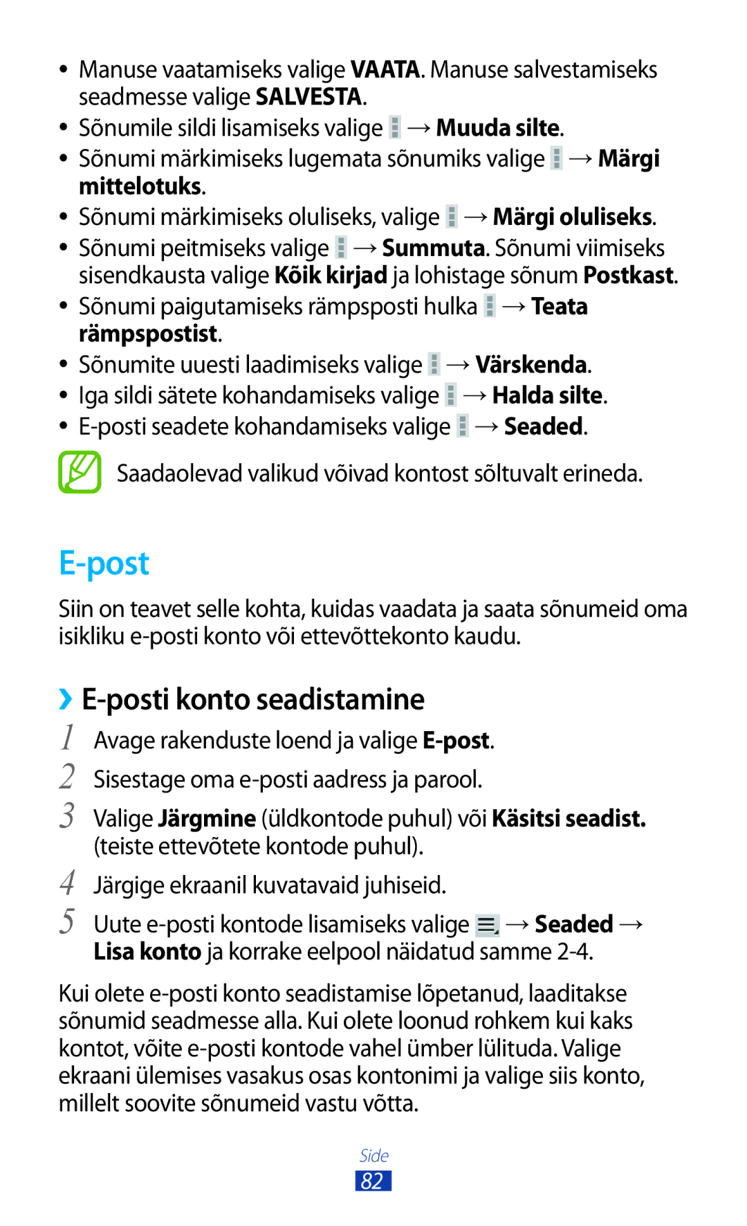 Samsung GT-N8020ZWASEB, GT-N8020EAASEB manual Post, ››E-posti konto seadistamine, Mittelotuks, Rämpspostist, →Seaded 