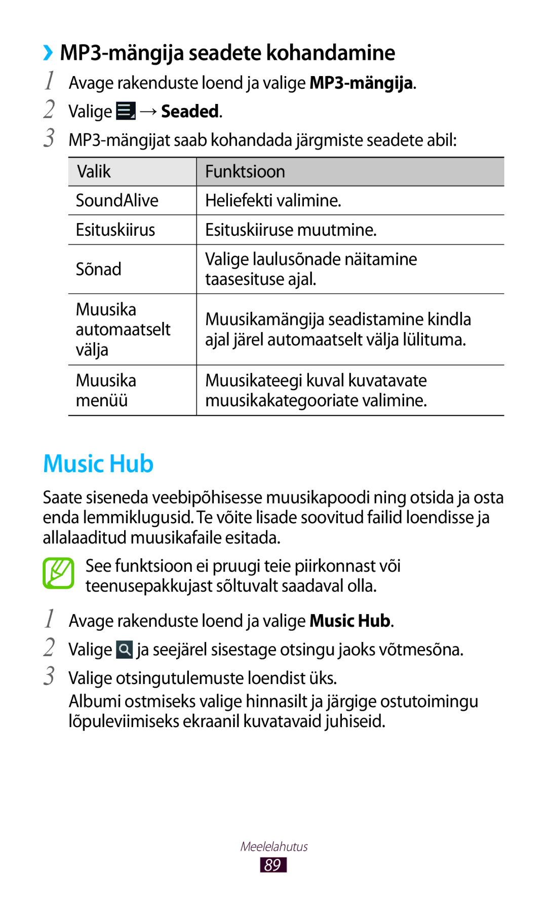 Samsung GT-N8020EAASEB, GT-N8020ZWASEB manual Music Hub, ››MP3-mängija seadete kohandamine 