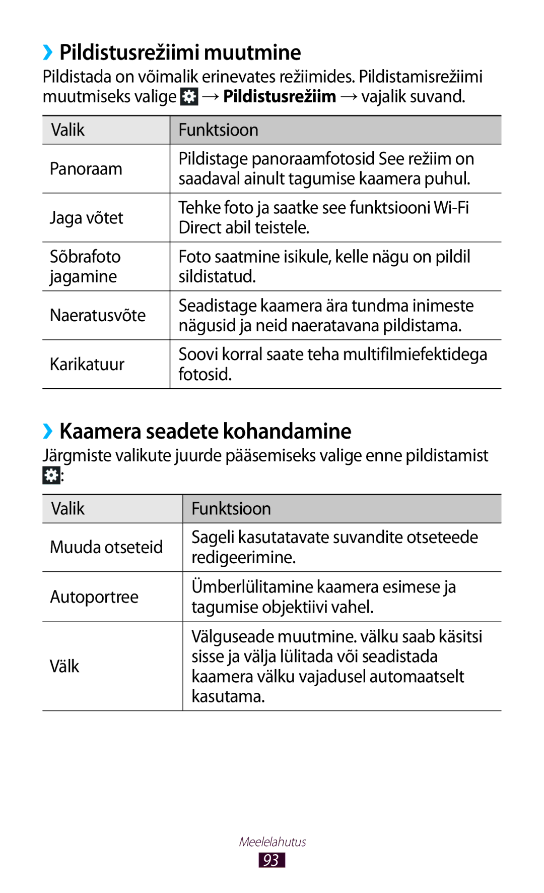 Samsung GT-N8020EAASEB, GT-N8020ZWASEB manual ››Pildistusrežiimi muutmine, ››Kaamera seadete kohandamine 