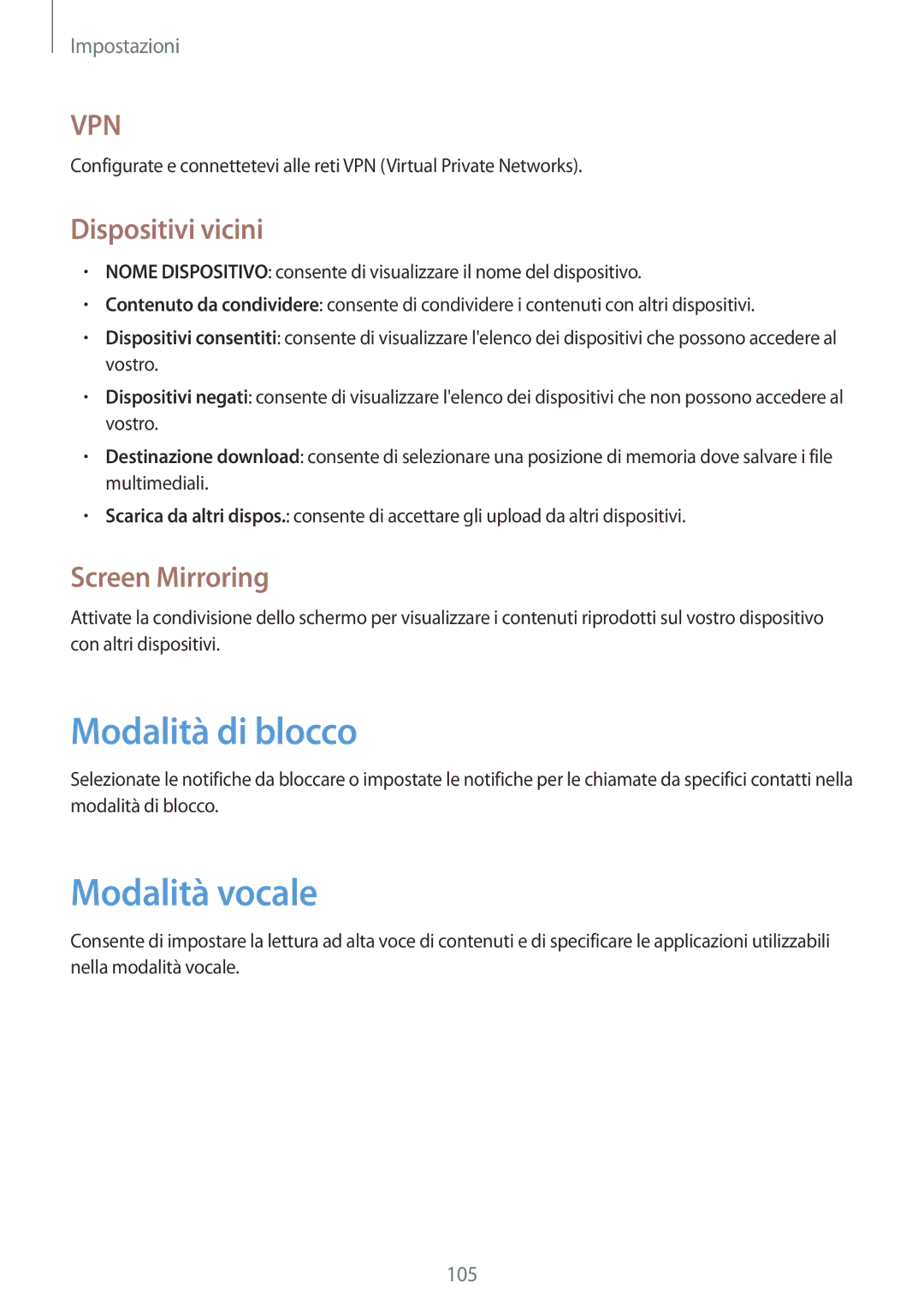 Samsung GT-N8020EAAOMN, GT-N8020ZWATIM manual Modalità di blocco, Modalità vocale, Dispositivi vicini, Screen Mirroring 