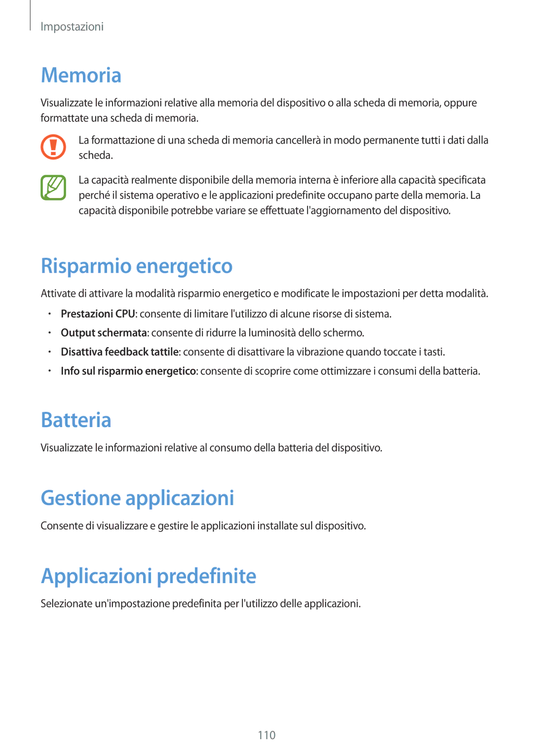 Samsung GT-N8020ZWAOMN manual Memoria, Risparmio energetico, Batteria, Gestione applicazioni, Applicazioni predefinite 