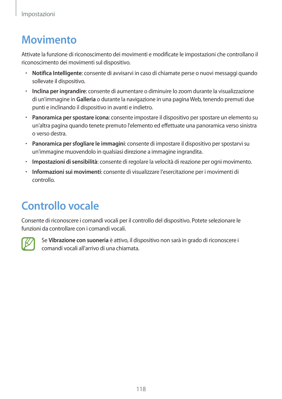 Samsung GT-N8020ZWAOMN, GT-N8020ZWATIM, GT-N8020EAAOMN, GT-N8020EAATLA manual Movimento, Controllo vocale 