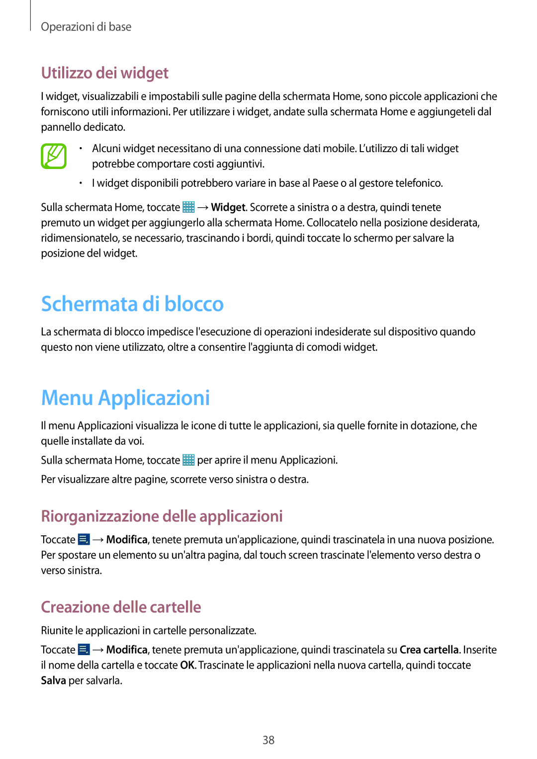 Samsung GT-N8020ZWAOMN Schermata di blocco, Menu Applicazioni, Utilizzo dei widget, Riorganizzazione delle applicazioni 