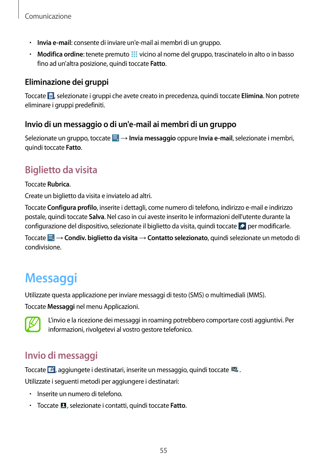 Samsung GT-N8020EAATLA, GT-N8020ZWATIM manual Messaggi, Biglietto da visita, Invio di messaggi, Eliminazione dei gruppi 