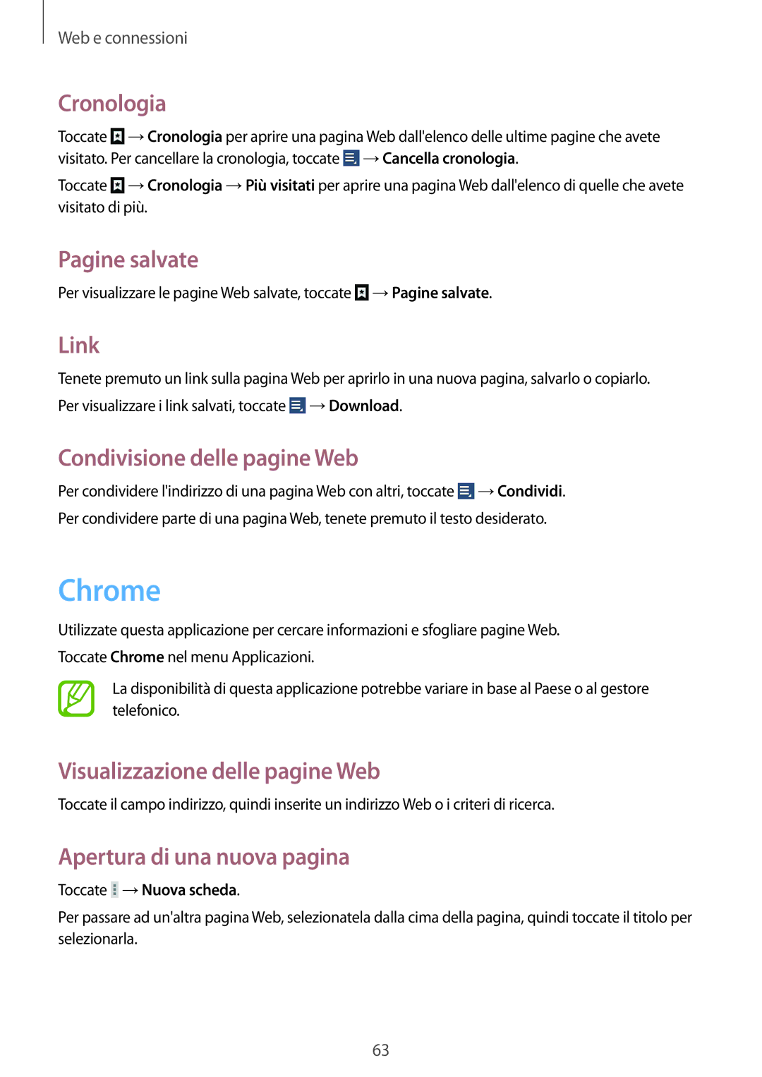 Samsung GT-N8020EAATLA, GT-N8020ZWATIM manual Chrome, Cronologia, Pagine salvate, Link, Condivisione delle pagine Web 