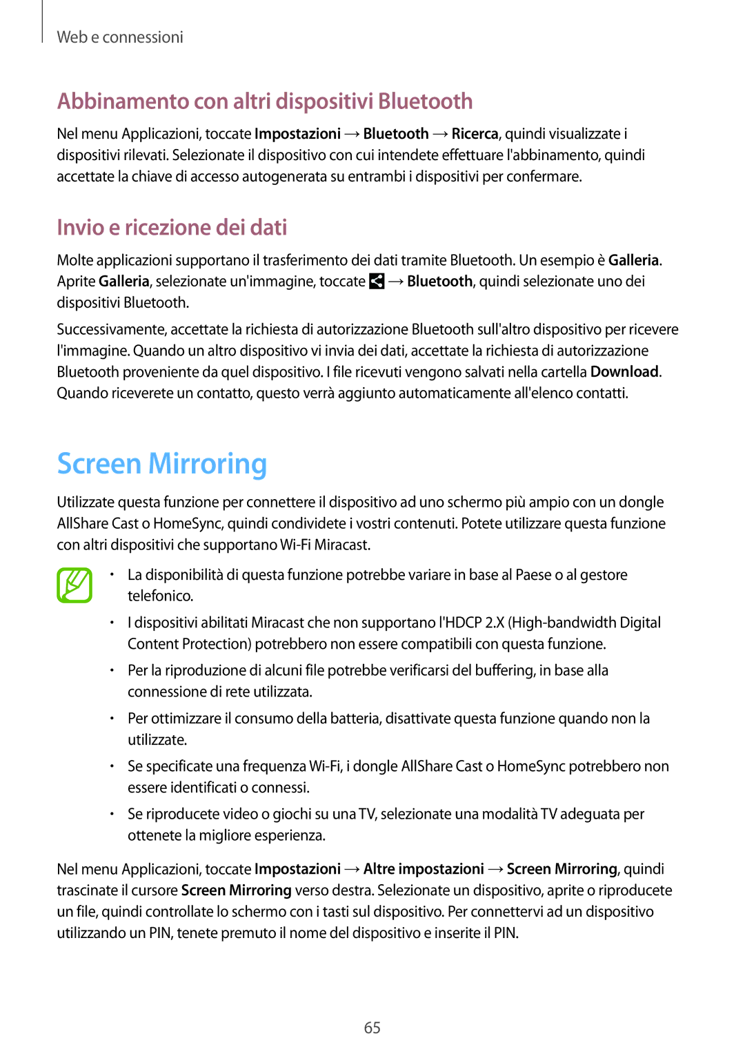 Samsung GT-N8020EAAOMN manual Screen Mirroring, Abbinamento con altri dispositivi Bluetooth, Invio e ricezione dei dati 