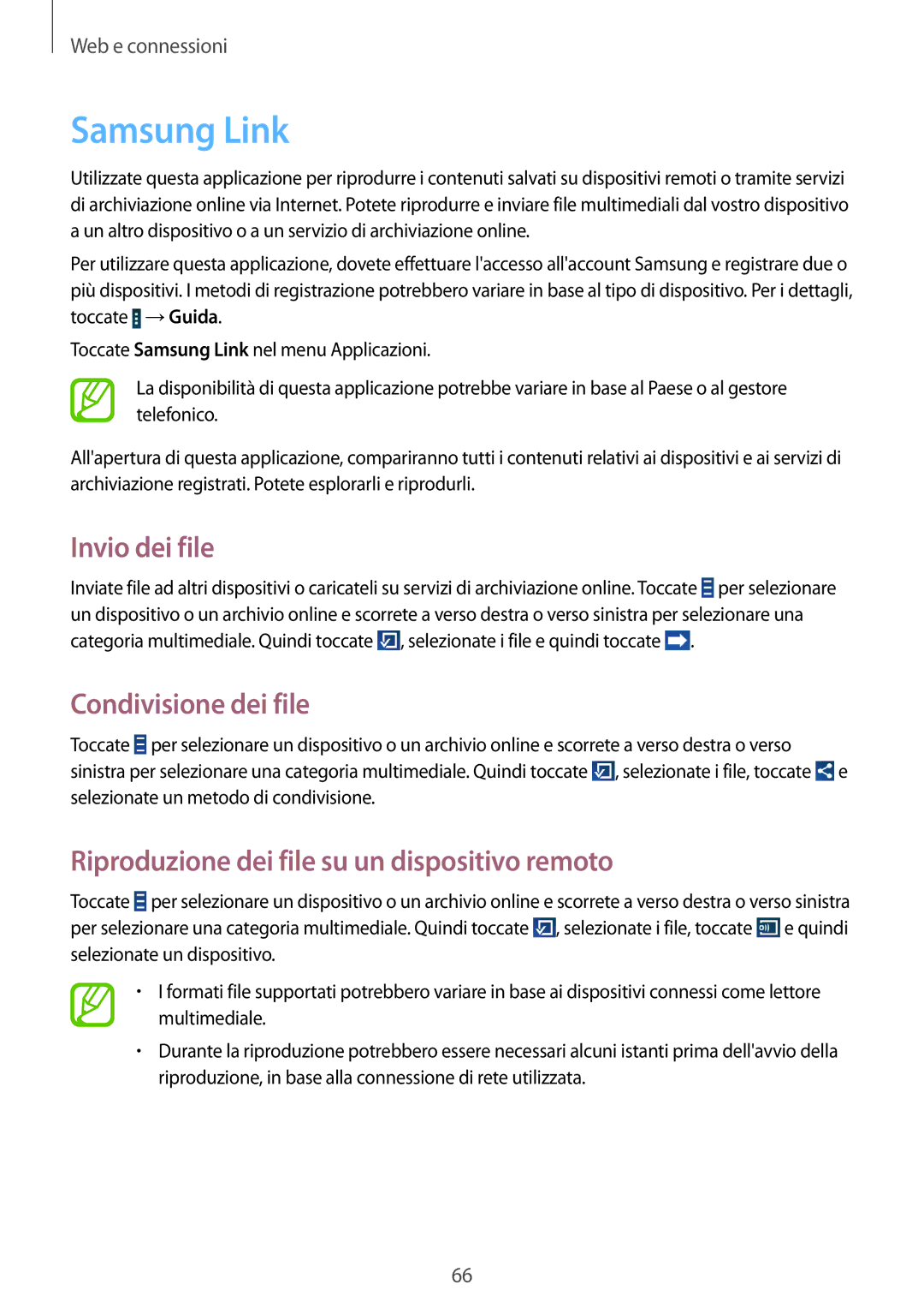 Samsung GT-N8020ZWAOMN Samsung Link, Invio dei file, Condivisione dei file, Riproduzione dei file su un dispositivo remoto 